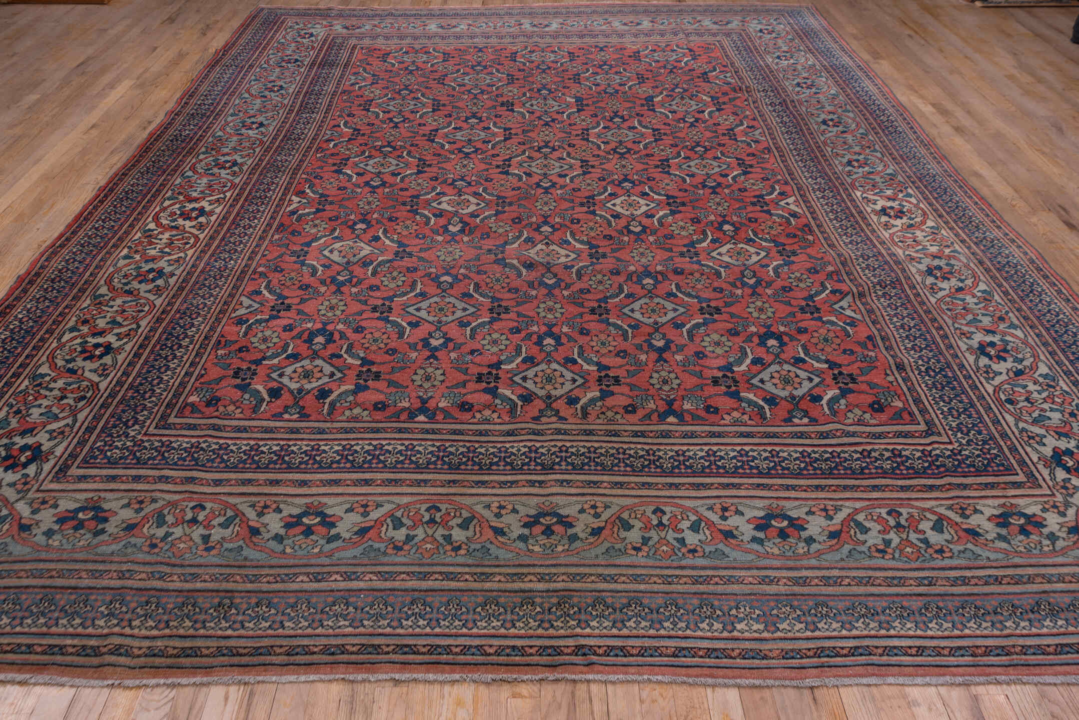 10' x 14' one-of-a-kind handmade antique Khorassan large size rug. Color palette: terra cotta, navy, pale blue, ivory, rust