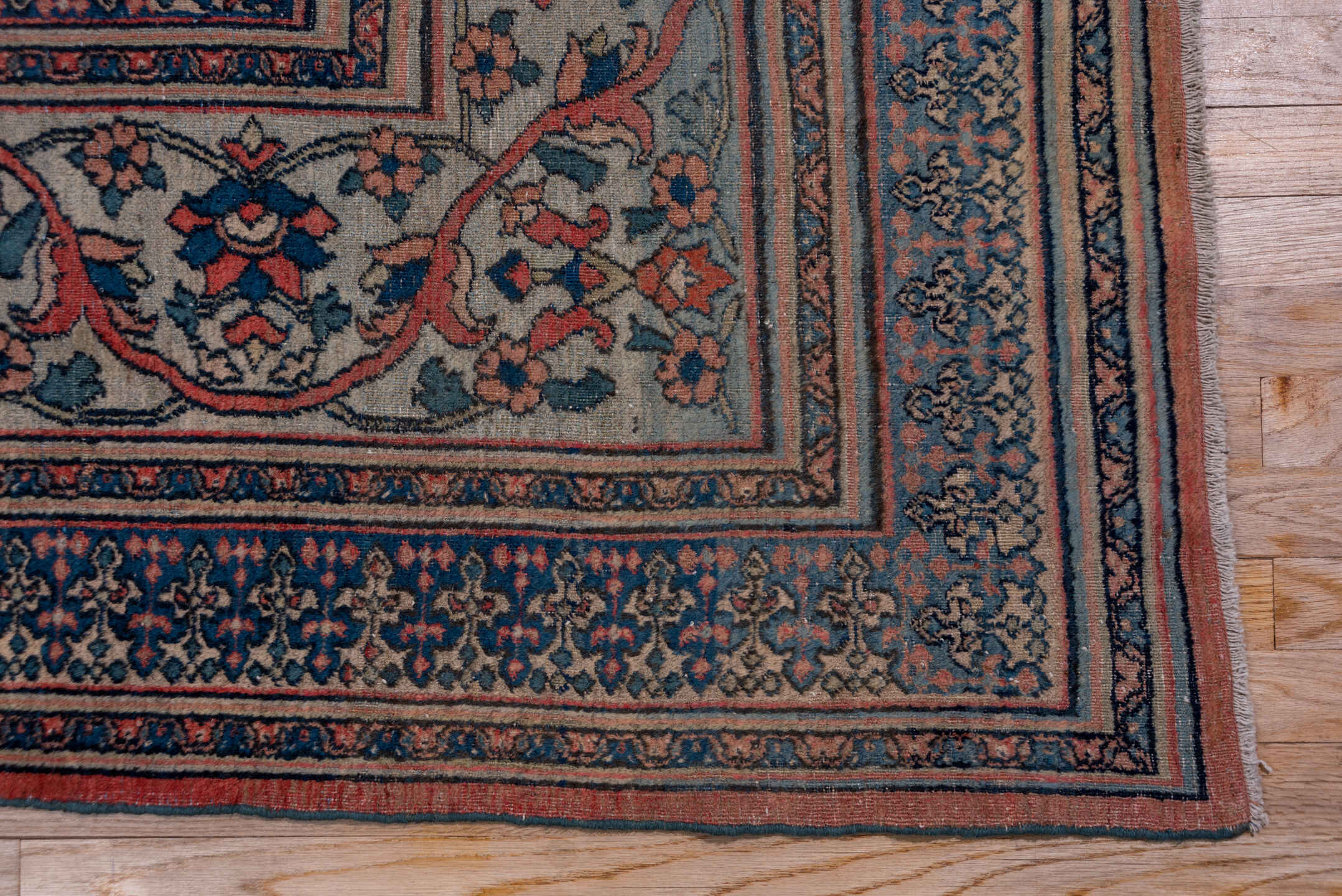 10' x 14' one-of-a-kind handmade antique Khorassan large size rug. Color palette: terra cotta, navy, pale blue, ivory, rust