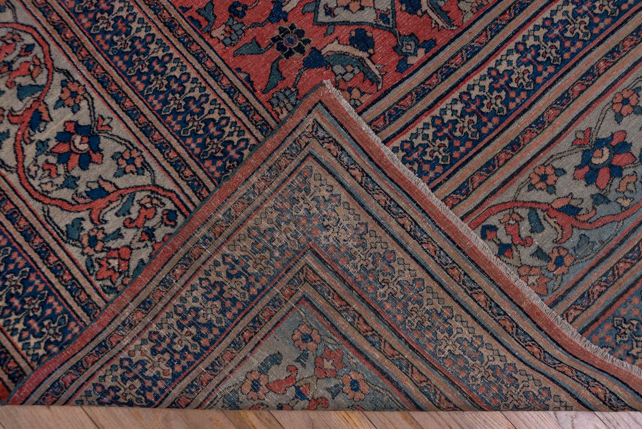 10' x 14' one-of-a-kind handmade antique Khorassan large size rug. Color palette: terra cotta, navy, pale blue, ivory, rust