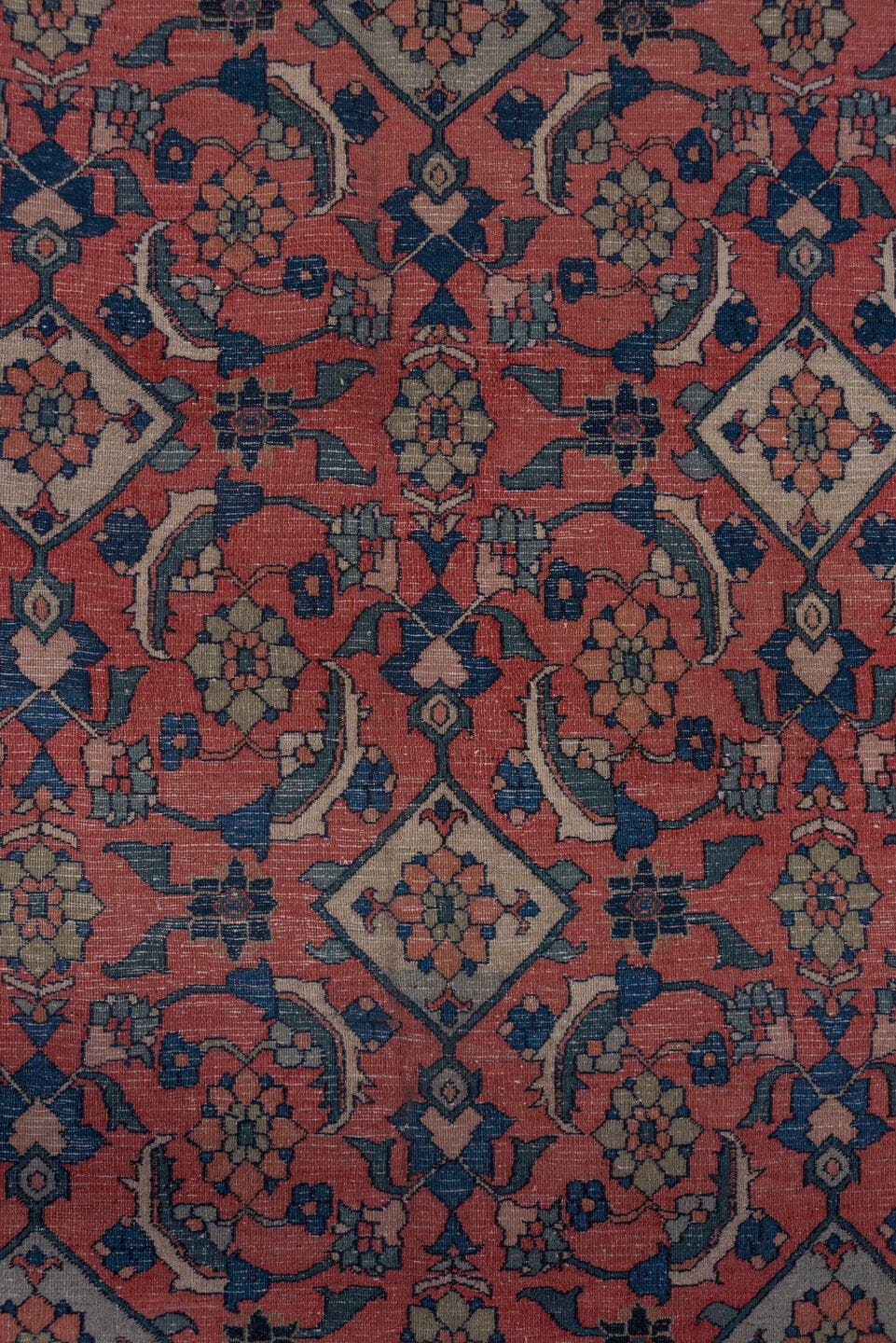10' x 14' one-of-a-kind handmade antique Khorassan large size rug. Color palette: terra cotta, navy, pale blue, ivory, rust
