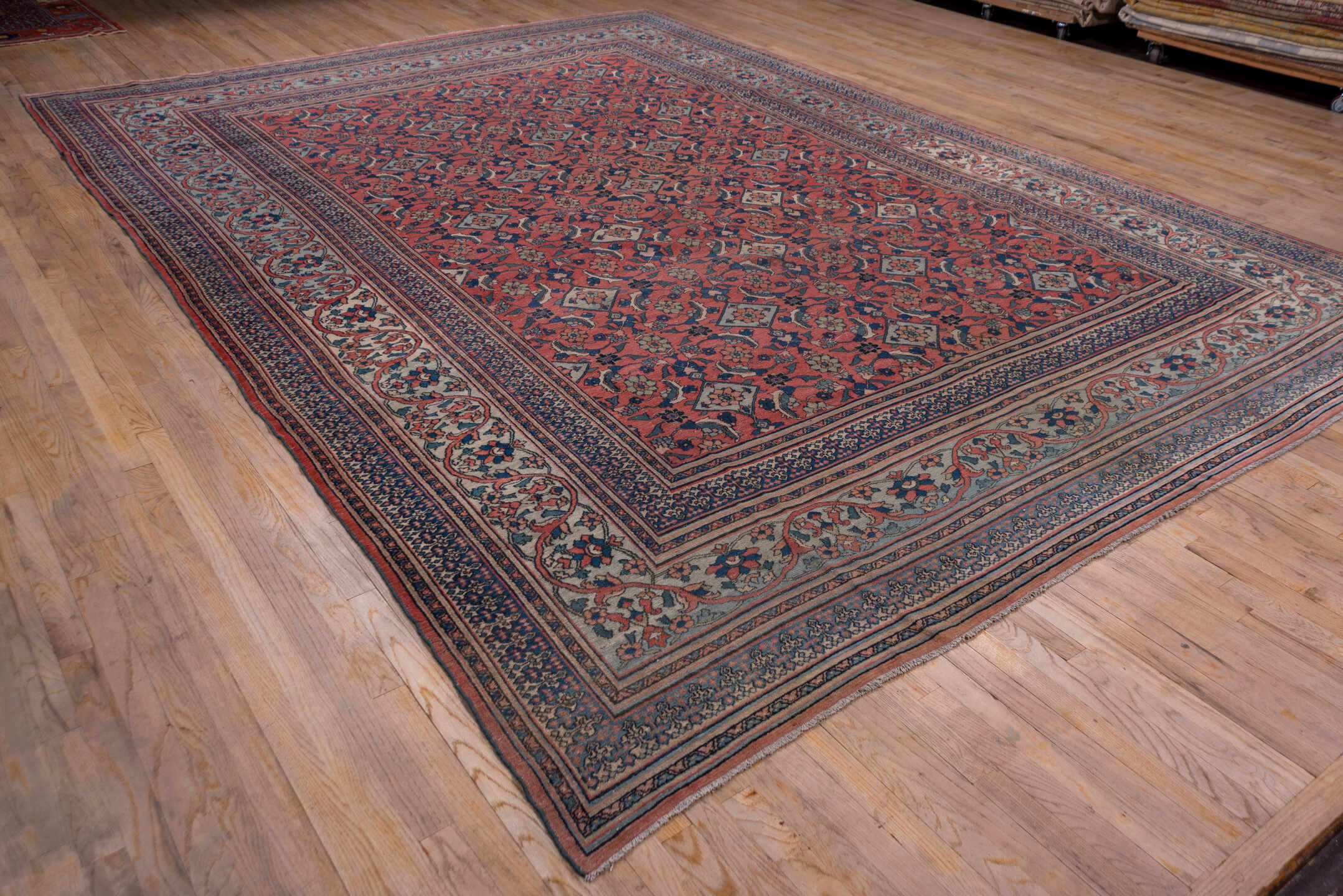 10' x 14' one-of-a-kind handmade antique Khorassan large size rug. Color palette: terra cotta, navy, pale blue, ivory, rust
