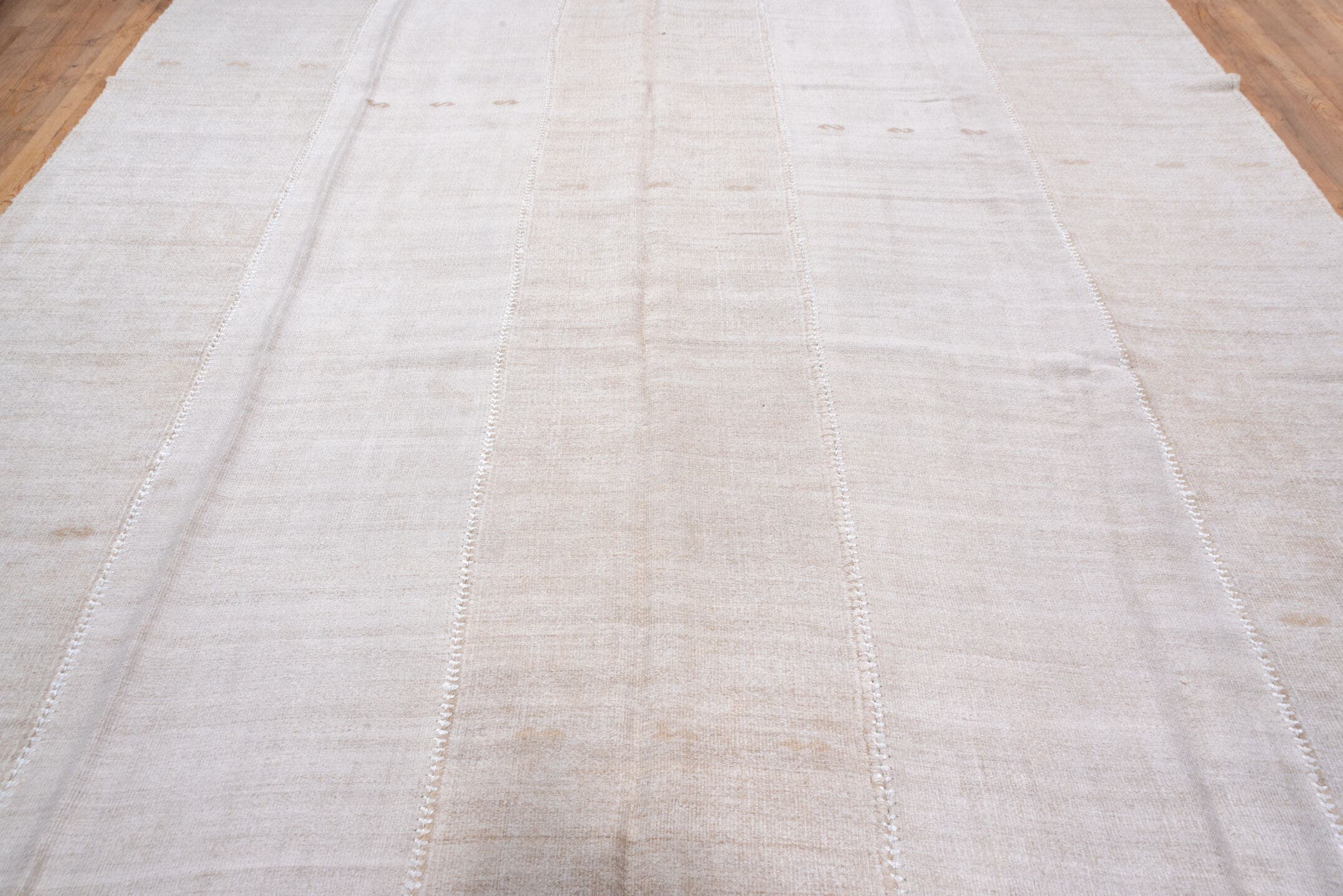 6' x 15' one-of-a-kind handmade vintage Hemp Kilim rug. Color palette: ivory, cream, beige, taupe, gray