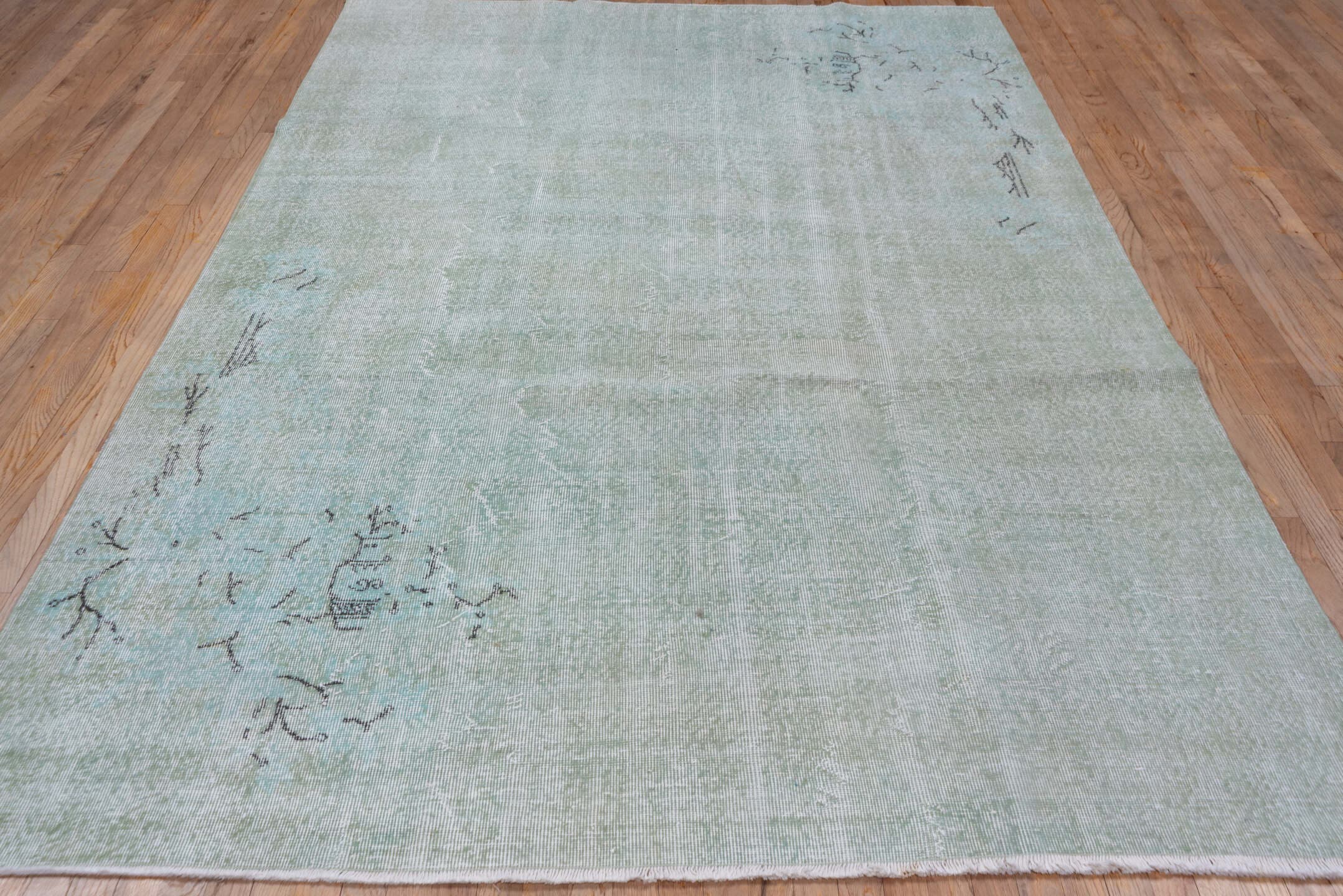 6' x 10' one-of-a-kind handmade vintage Sparta large size rug. Color palette: aqua, ivory, pale blue, sage, charcoal, teal