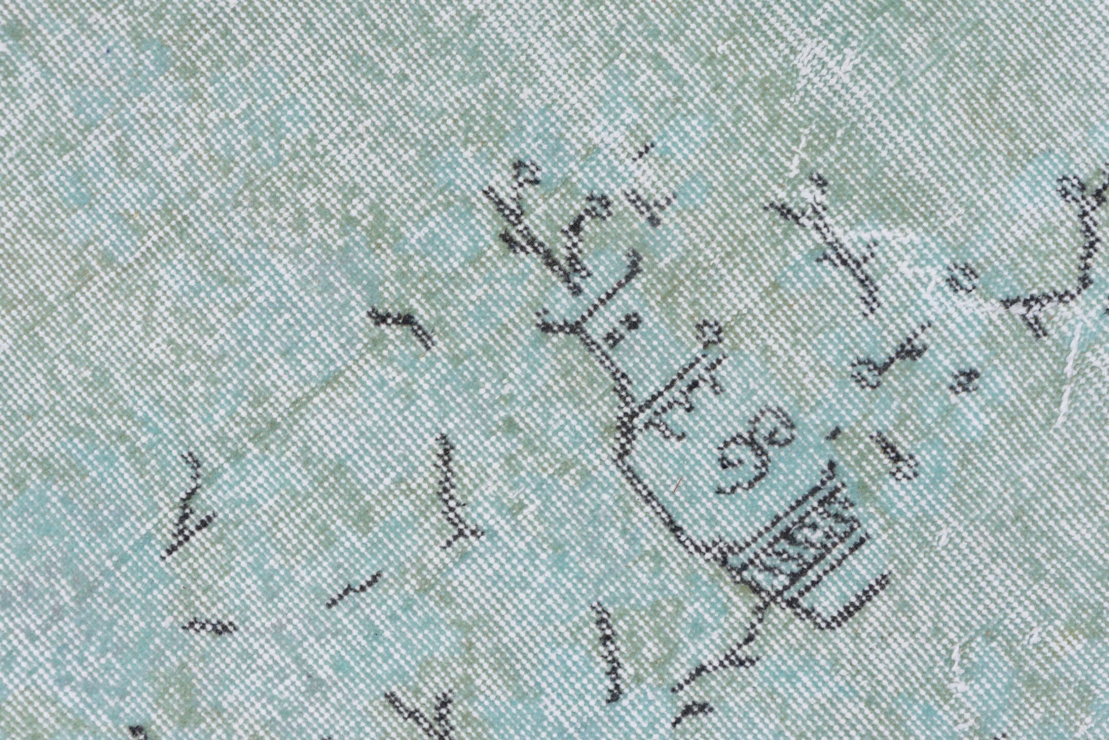 6' x 10' one-of-a-kind handmade vintage Sparta large size rug. Color palette: aqua, ivory, pale blue, sage, charcoal, teal