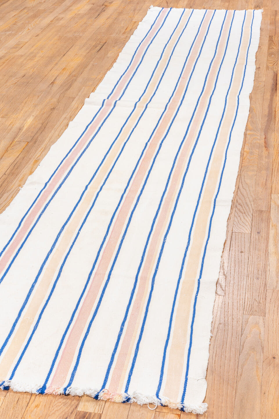 2' x 11' one-of-a-kind handmade antique Flatweave runner rug. Color palette: ivory, blue, rose, pink, red