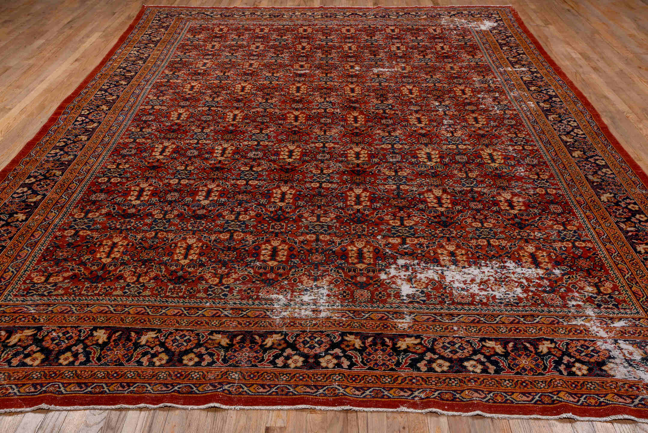 10' x 13' one-of-a-kind handmade vintage Mahal large size rug. Color palette: rust, navy, ivory, terra cotta, camel