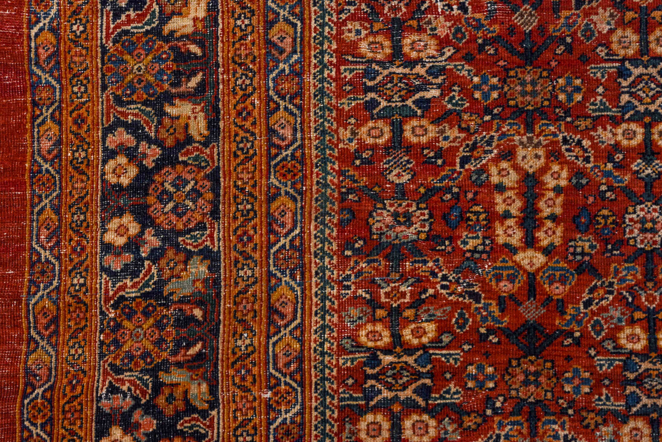 10' x 13' one-of-a-kind handmade vintage Mahal large size rug. Color palette: rust, navy, ivory, terra cotta, camel