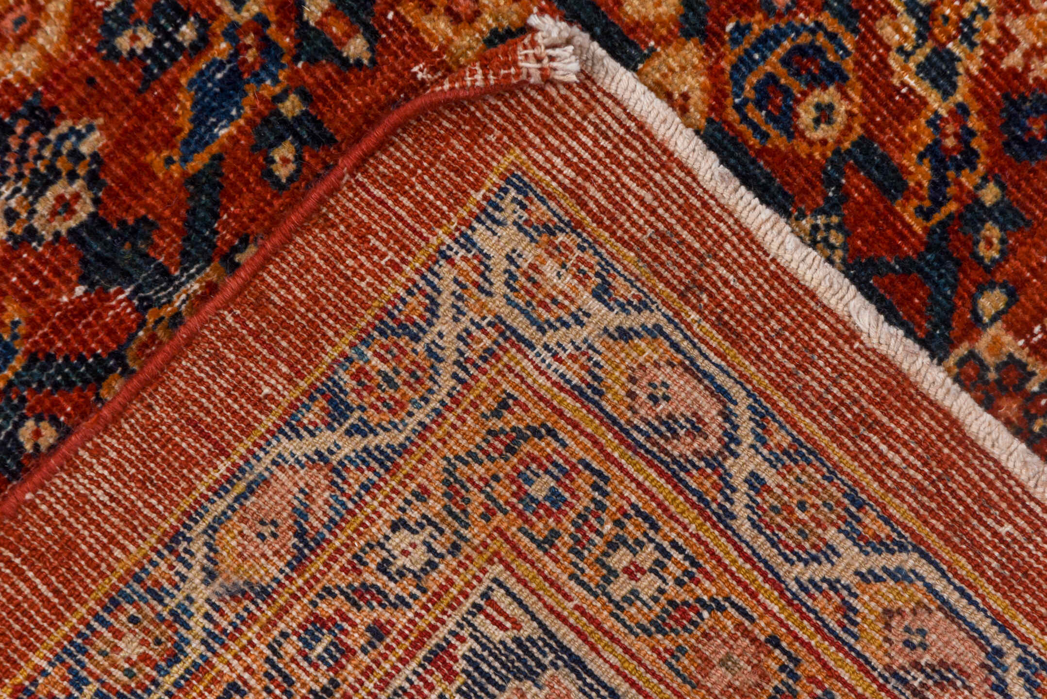 10' x 13' one-of-a-kind handmade vintage Mahal large size rug. Color palette: rust, navy, ivory, terra cotta, camel