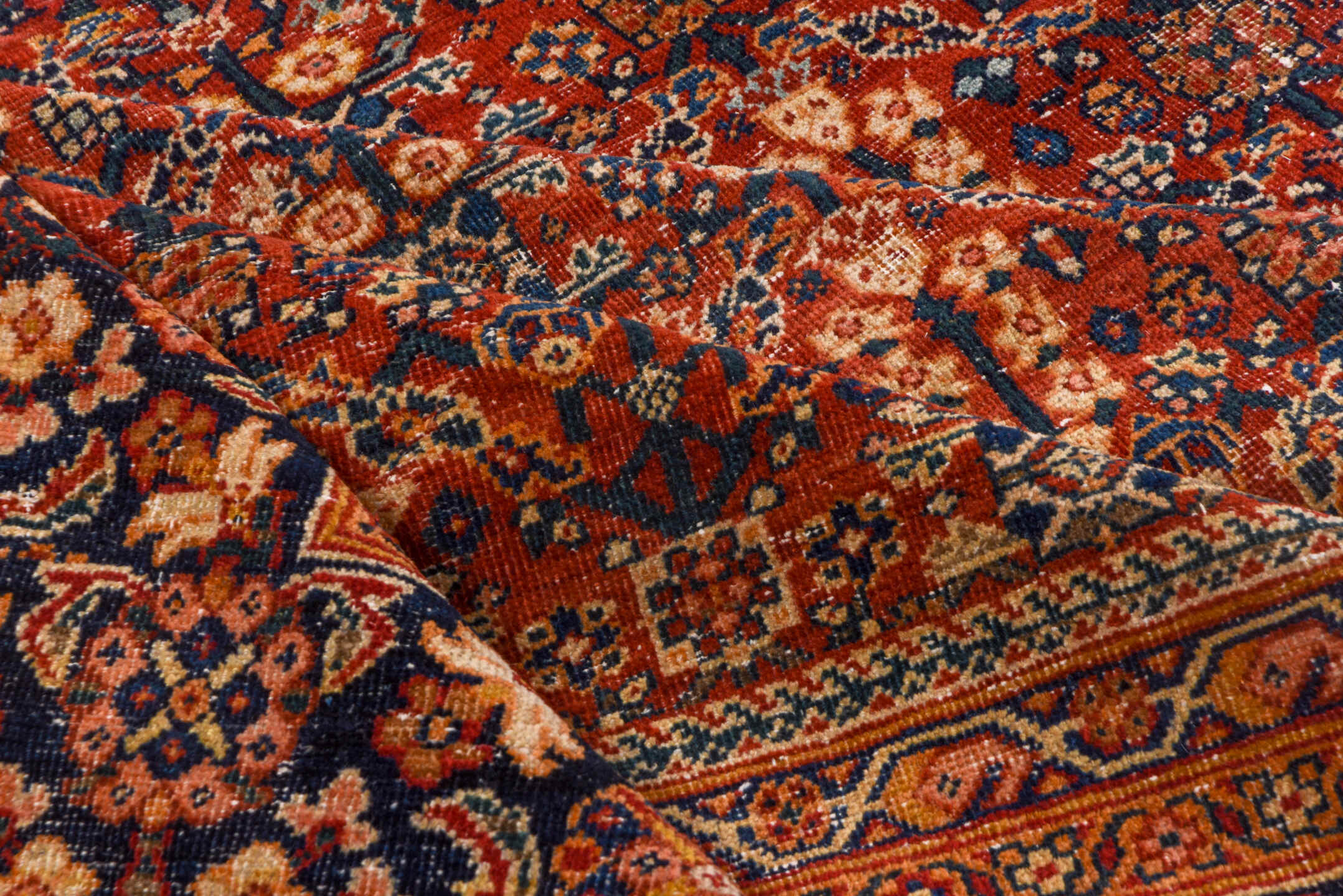 10' x 13' one-of-a-kind handmade vintage Mahal large size rug. Color palette: rust, navy, ivory, terra cotta, camel