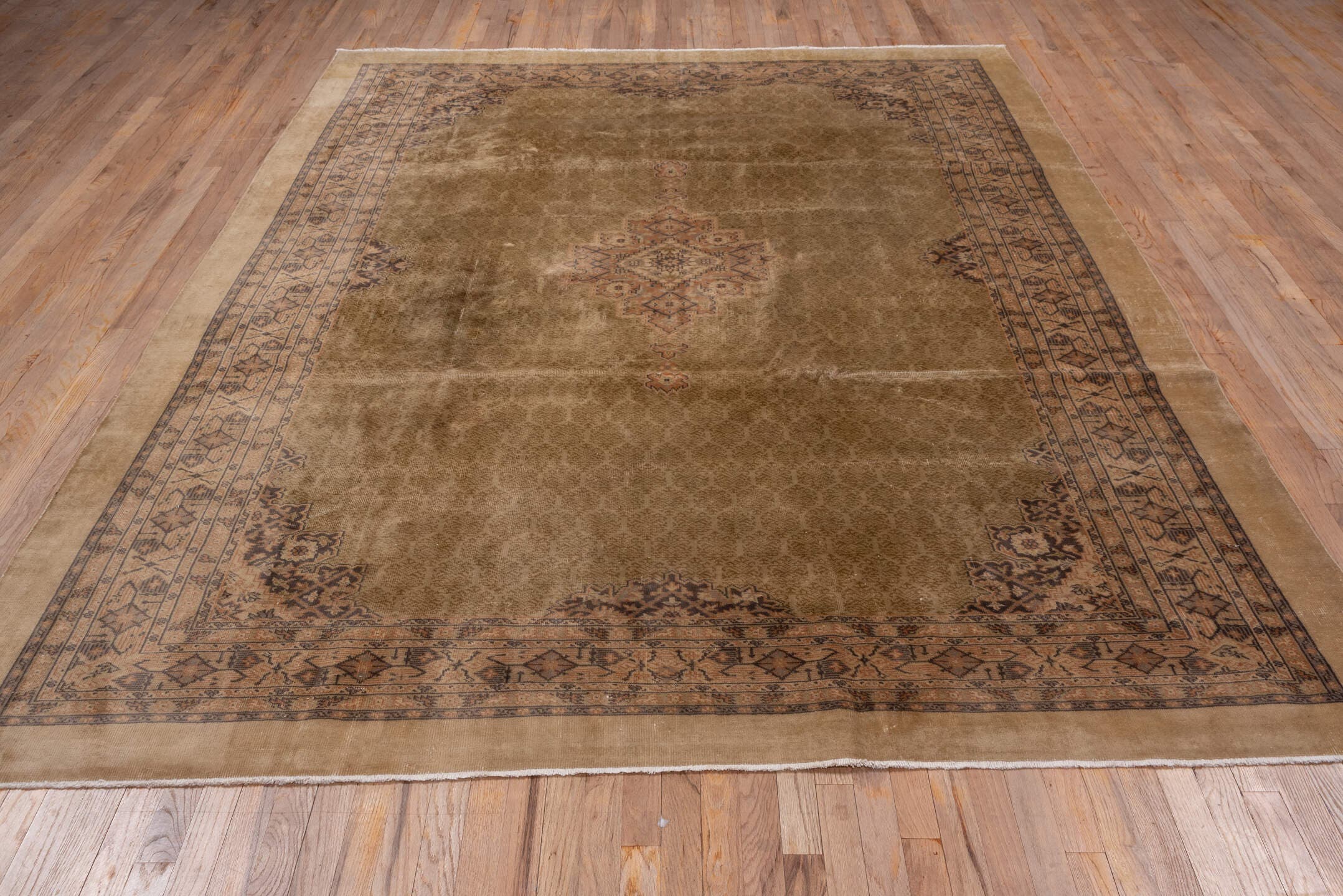 8' x 10' one-of-a-kind handmade antique Sivas large size rug. Color palette: camel, taupe, beige, charcoal, rose, ivory