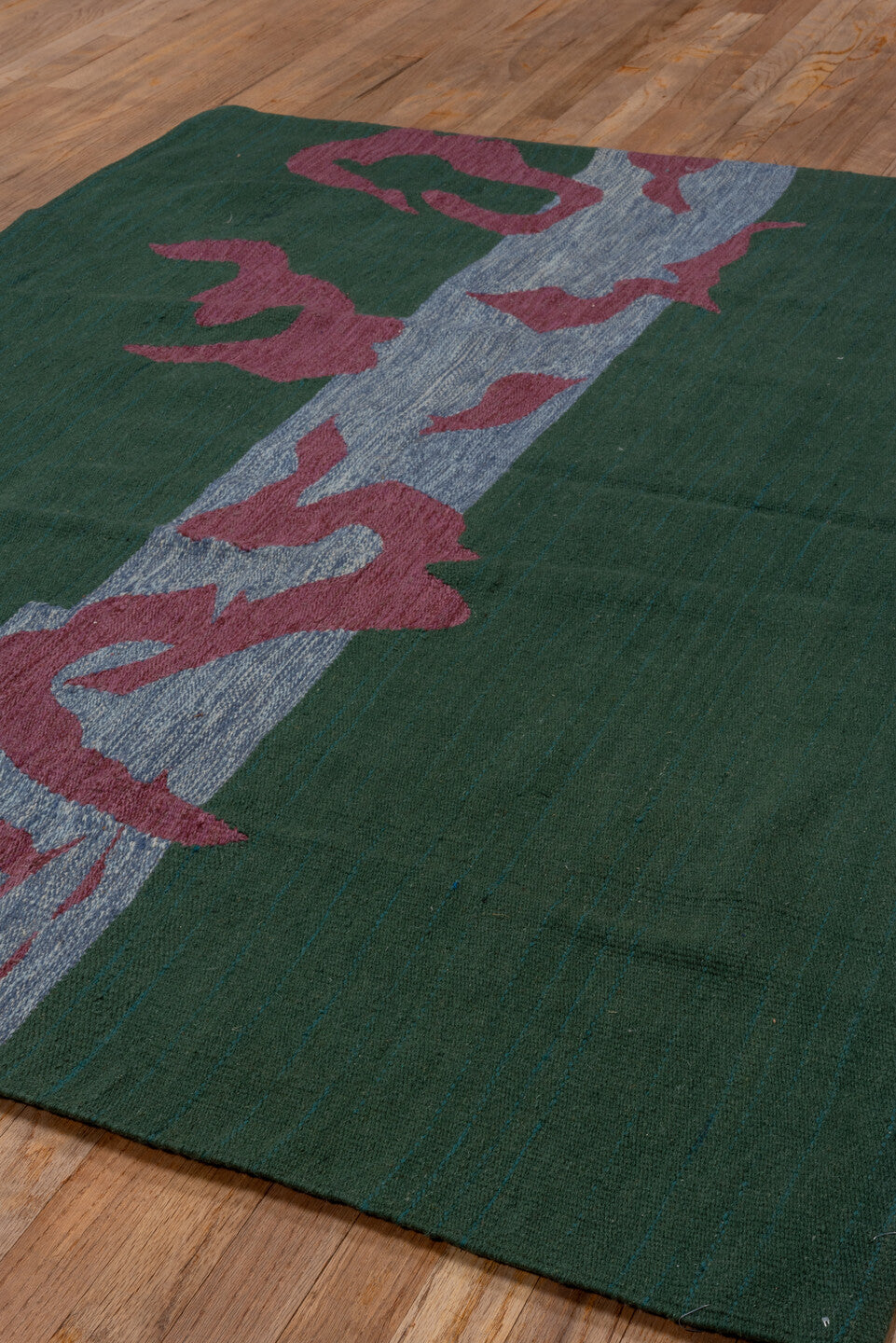 4' x 6' one-of-a-kind handmade vintage Flatweave small size rug. Color palette: deep teal, blue gray, muted plum, charcoal