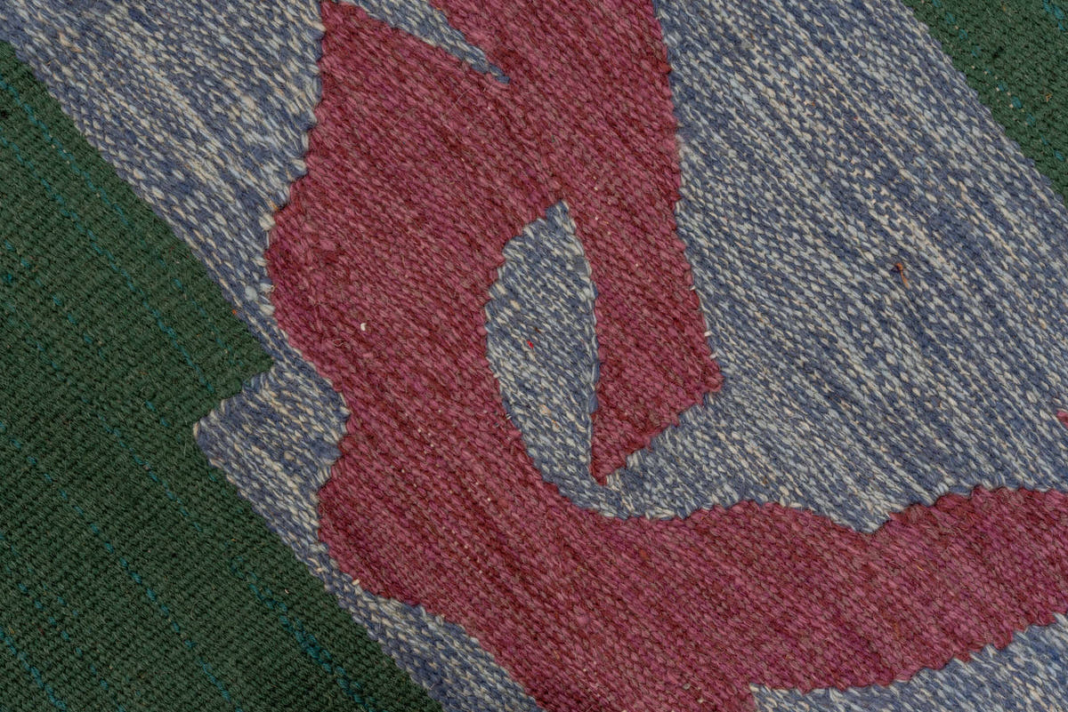 4' x 6' one-of-a-kind handmade vintage Flatweave small size rug. Color palette: deep teal, blue gray, muted plum, charcoal