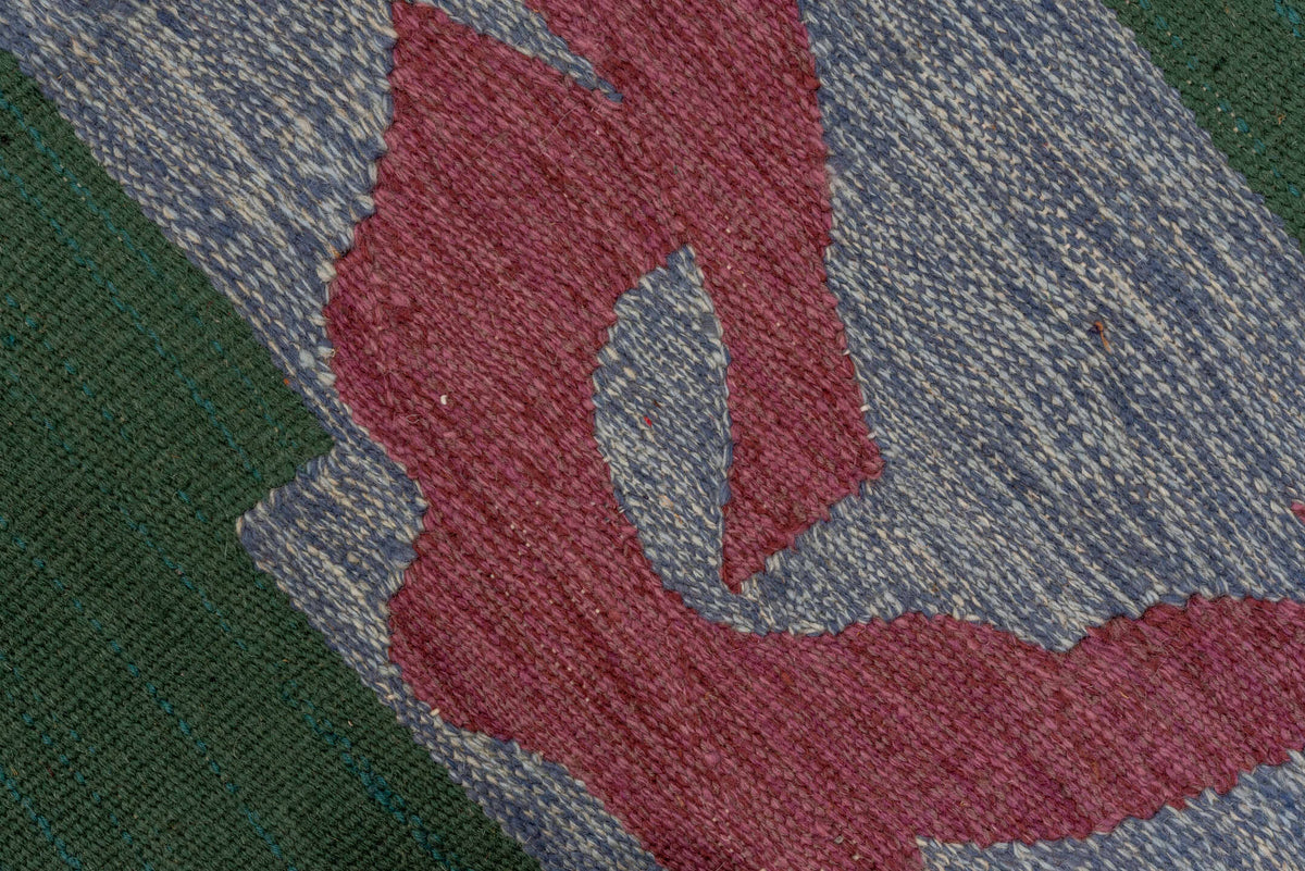 4' x 6' one-of-a-kind handmade vintage Flatweave small size rug. Color palette: deep teal, blue gray, muted plum, charcoal