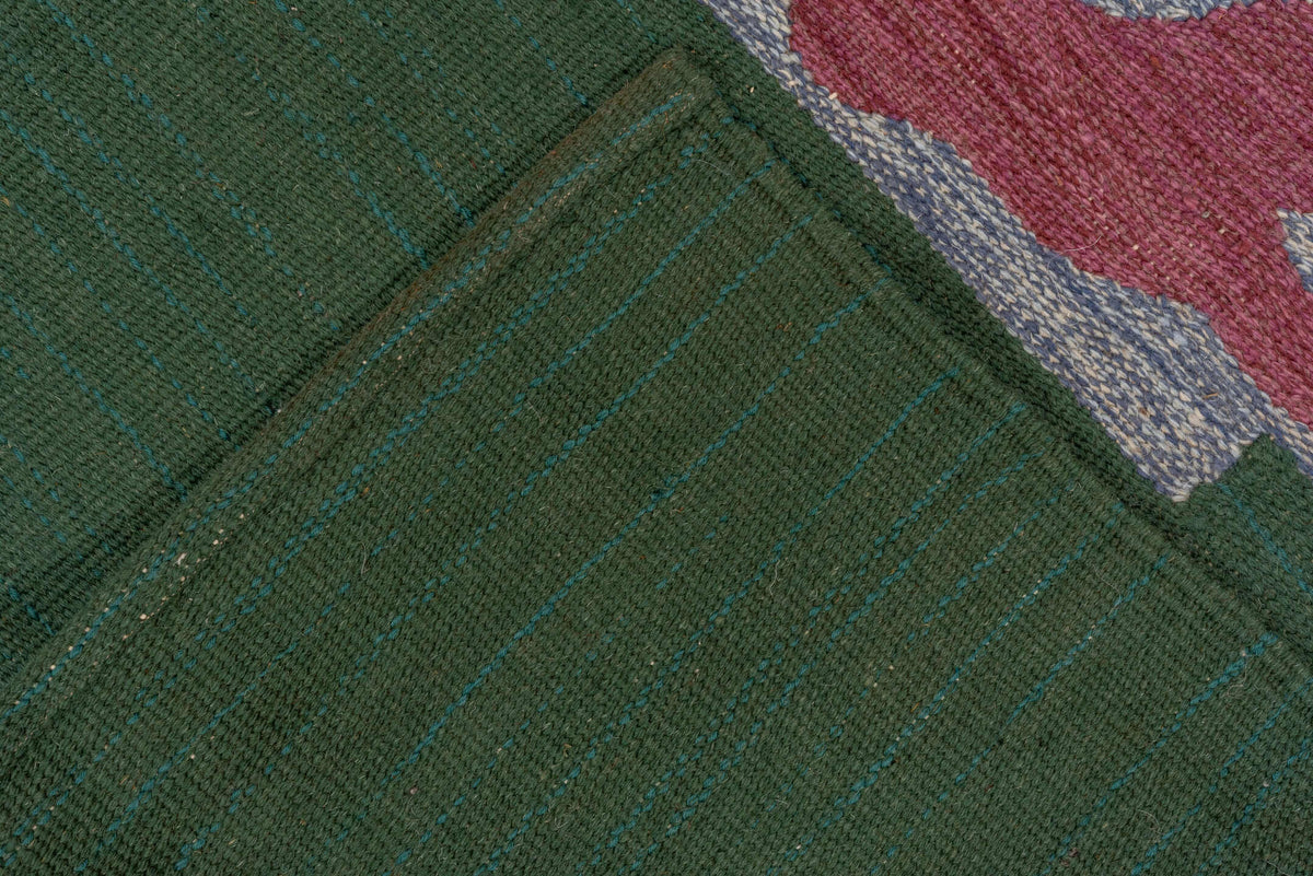 4' x 6' one-of-a-kind handmade vintage Flatweave small size rug. Color palette: deep teal, blue gray, muted plum, charcoal