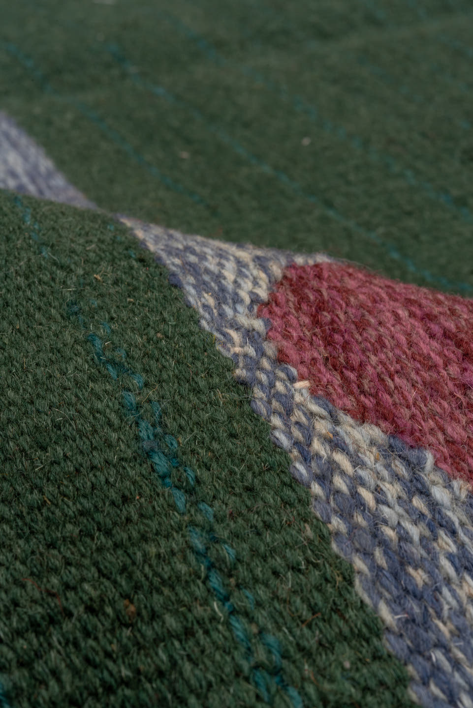 4' x 6' one-of-a-kind handmade vintage Flatweave small size rug. Color palette: deep teal, blue gray, muted plum, charcoal