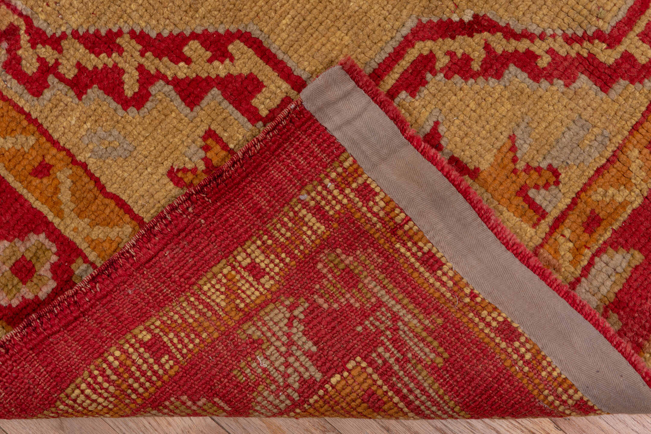 12' x 20' one-of-a-kind handmade antique Oushak oversize rug. Color palette: terra cotta, gold, rust, muted blue, ivory