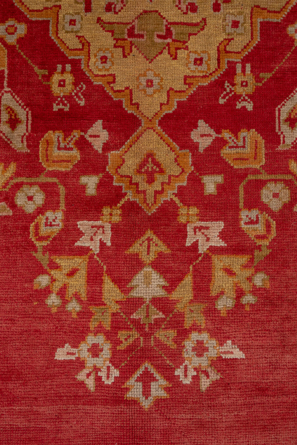 12' x 20' one-of-a-kind handmade antique Oushak oversize rug. Color palette: terra cotta, gold, rust, muted blue, ivory