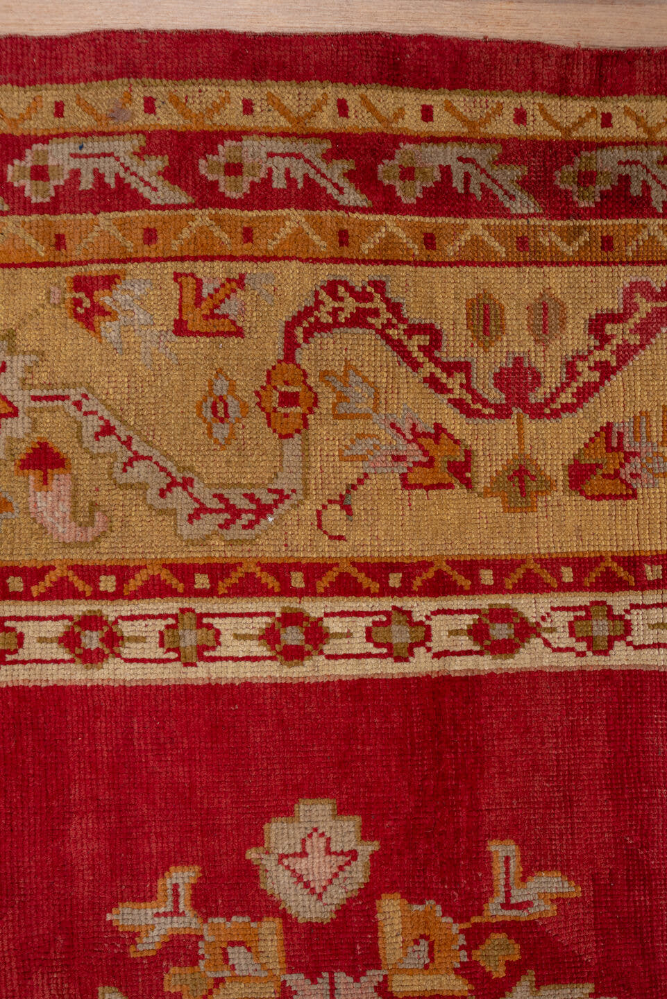 12' x 20' one-of-a-kind handmade antique Oushak oversize rug. Color palette: terra cotta, gold, rust, muted blue, ivory