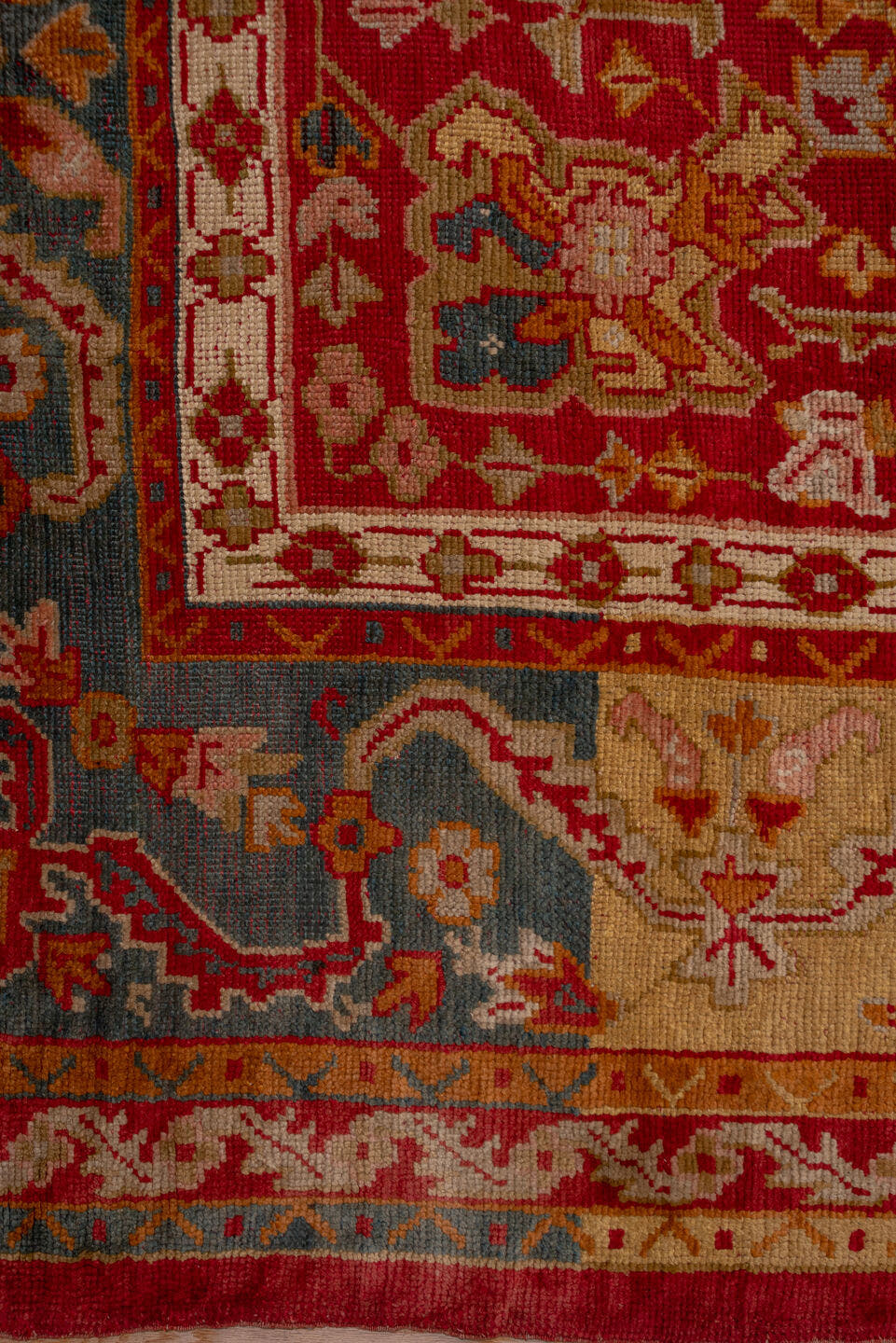 12' x 20' one-of-a-kind handmade antique Oushak oversize rug. Color palette: terra cotta, gold, rust, muted blue, ivory