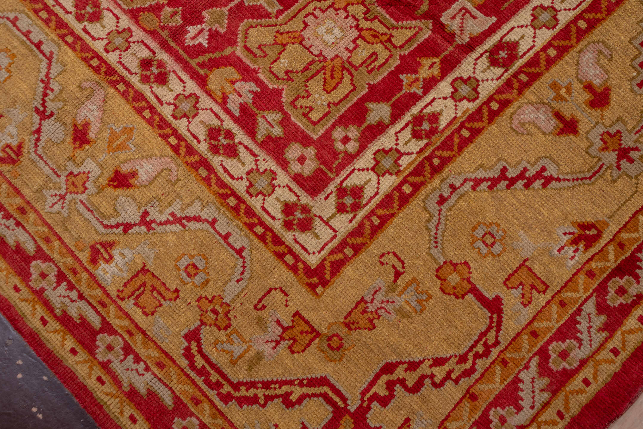 12' x 20' one-of-a-kind handmade antique Oushak oversize rug. Color palette: terra cotta, gold, rust, muted blue, ivory