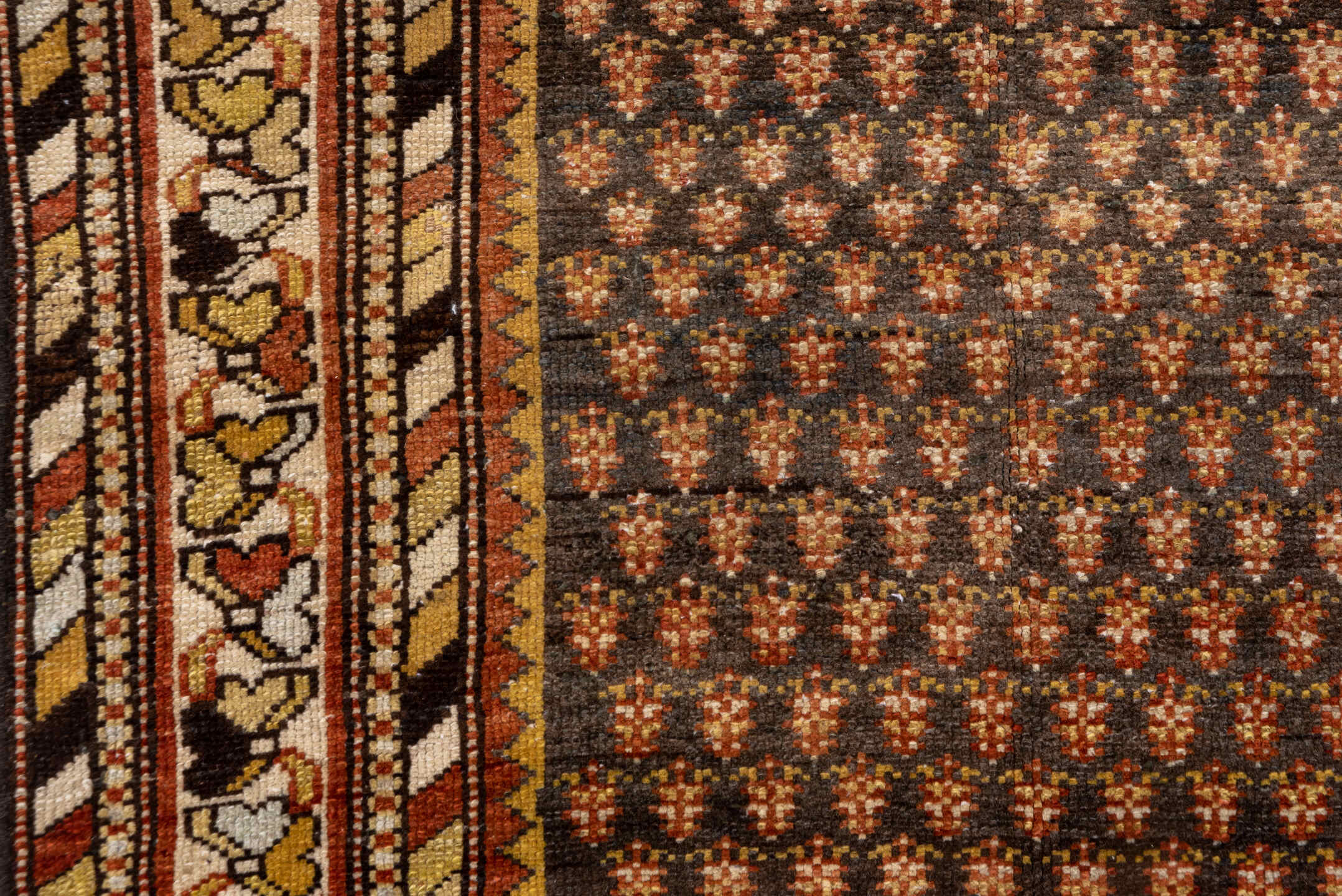 4' x 6' one-of-a-kind handmade antique Malayer small size rug. Color palette: brown, ivory, rust, gold, camel, charcoal