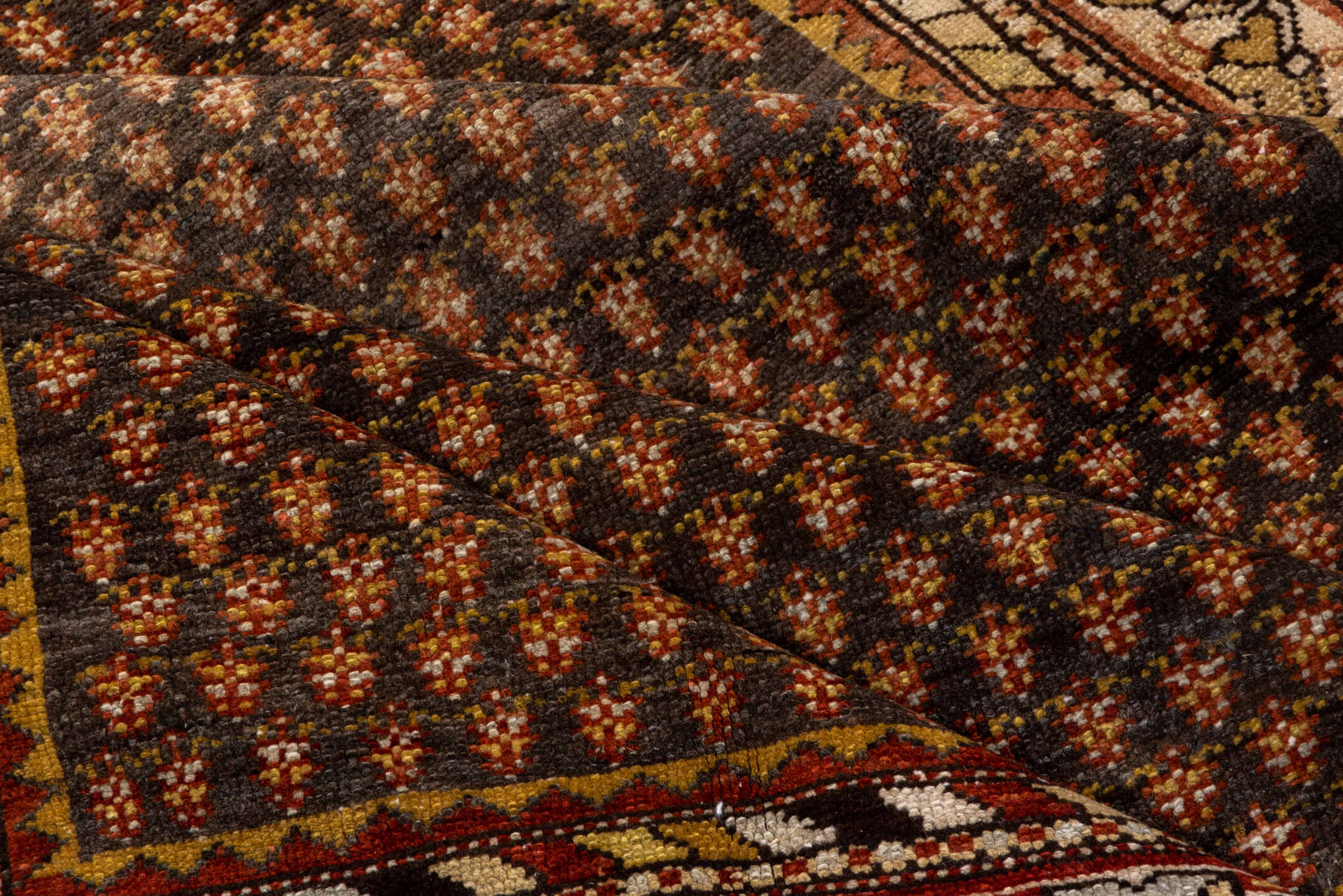 4' x 6' one-of-a-kind handmade antique Malayer small size rug. Color palette: brown, ivory, rust, gold, camel, charcoal