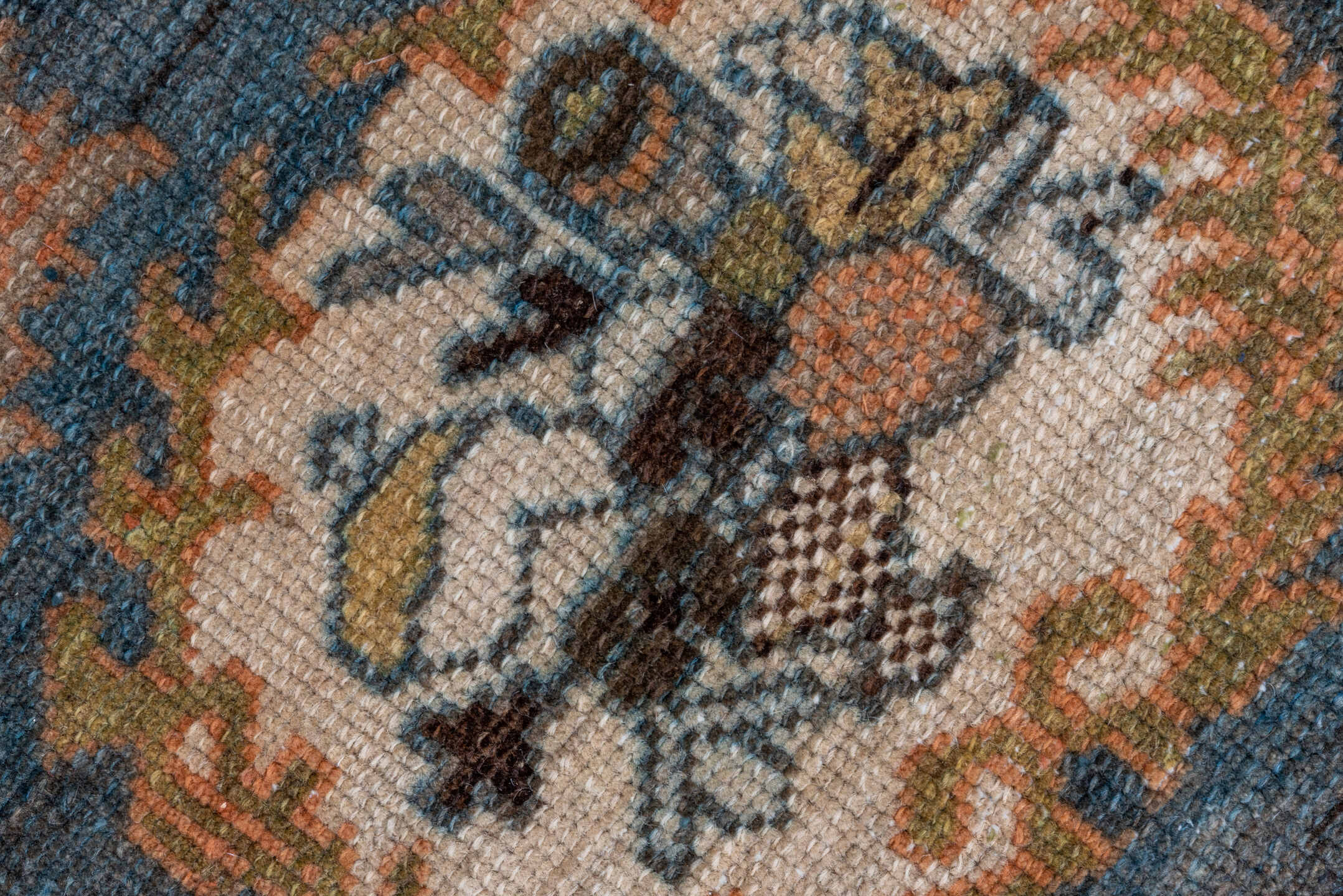 4' x 6' one-of-a-kind handmade antique Baktiary rug. Color palette: sky blue, rust, ivory, brown, camel, slate, taupe, olive