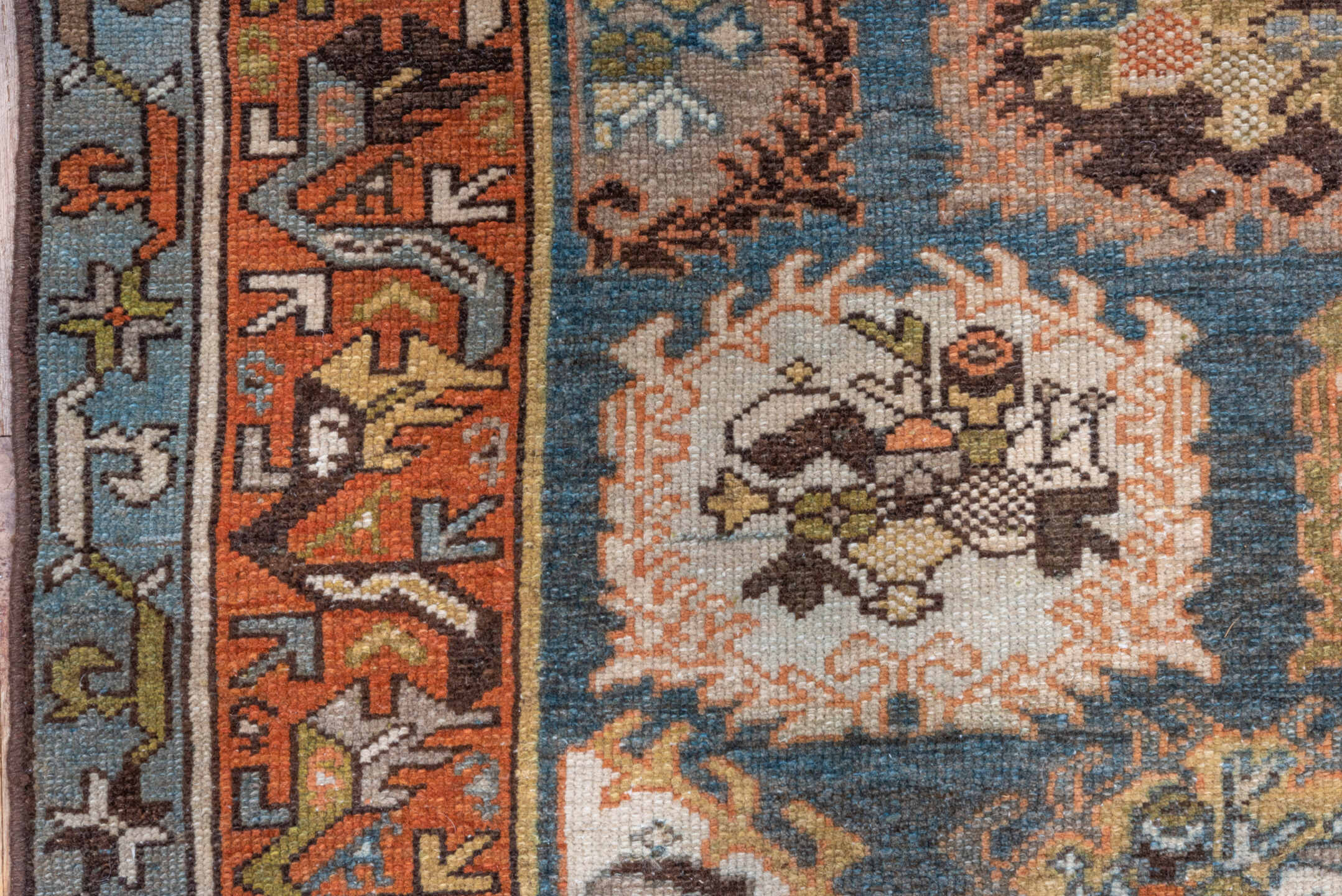 4' x 6' one-of-a-kind handmade antique Baktiary rug. Color palette: sky blue, rust, ivory, brown, camel, slate, taupe, olive