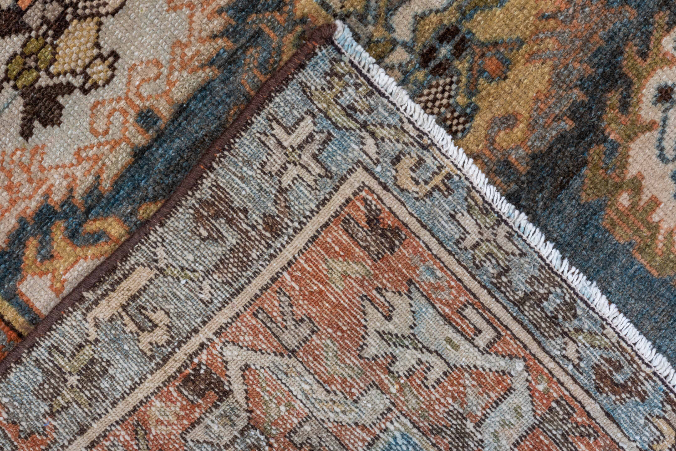 4' x 6' one-of-a-kind handmade antique Baktiary rug. Color palette: sky blue, rust, ivory, brown, camel, slate, taupe, olive