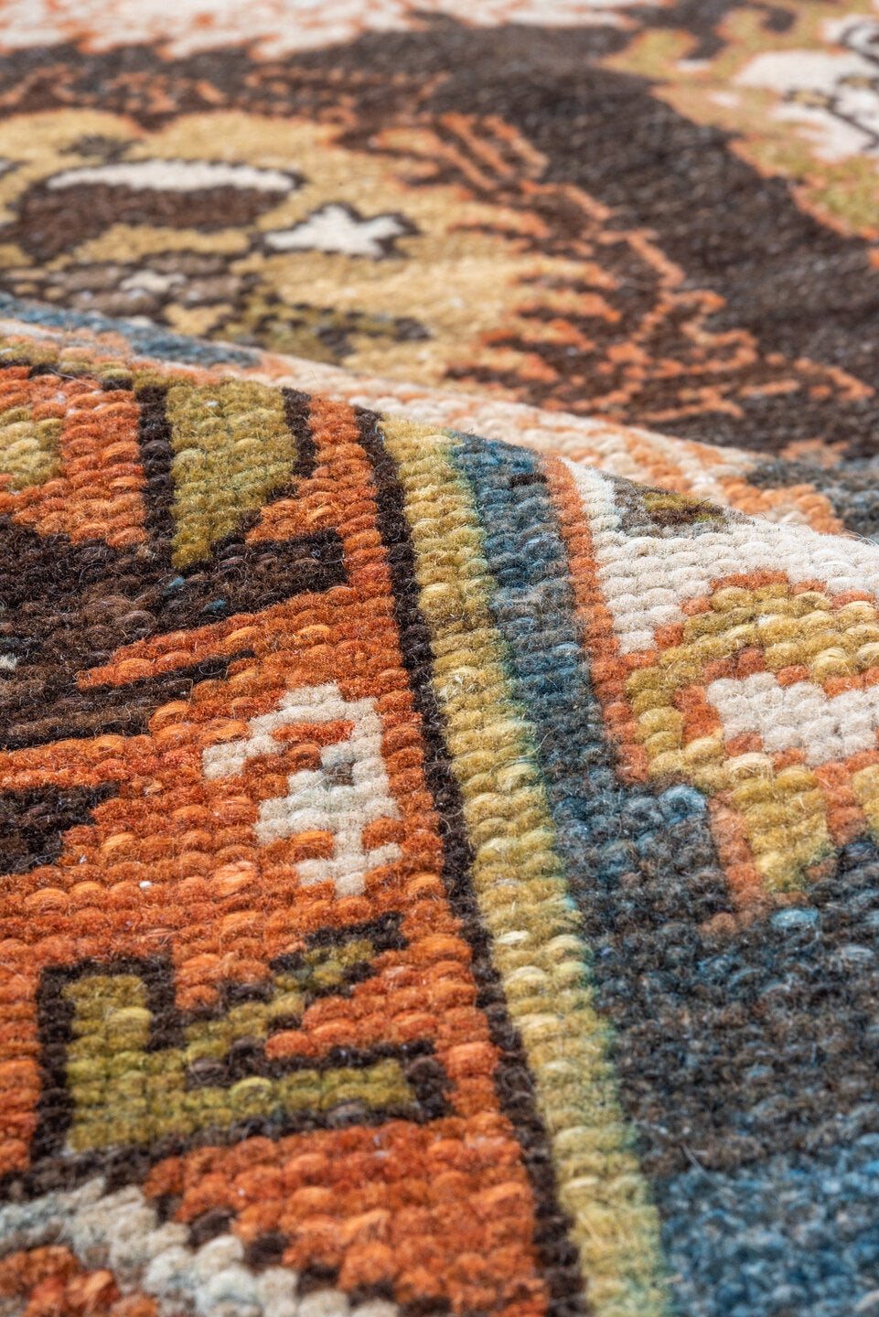 4' x 6' one-of-a-kind handmade antique Baktiary rug. Color palette: sky blue, rust, ivory, brown, camel, slate, taupe, olive
