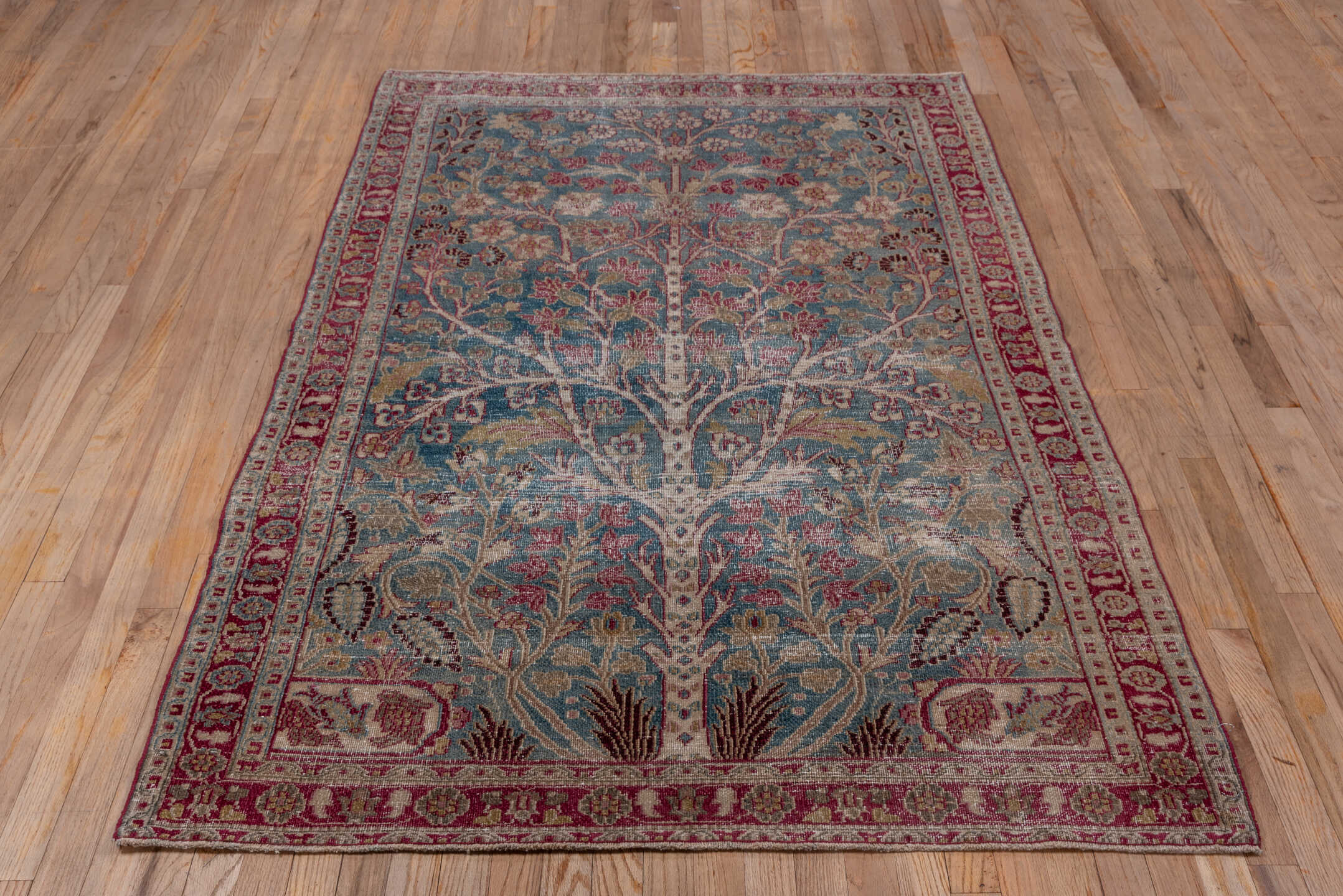 4' x 6' one-of-a-kind handmade antique Khorassan small size rug. Color palette: blue, rose, ivory, burgundy, sage, taupe