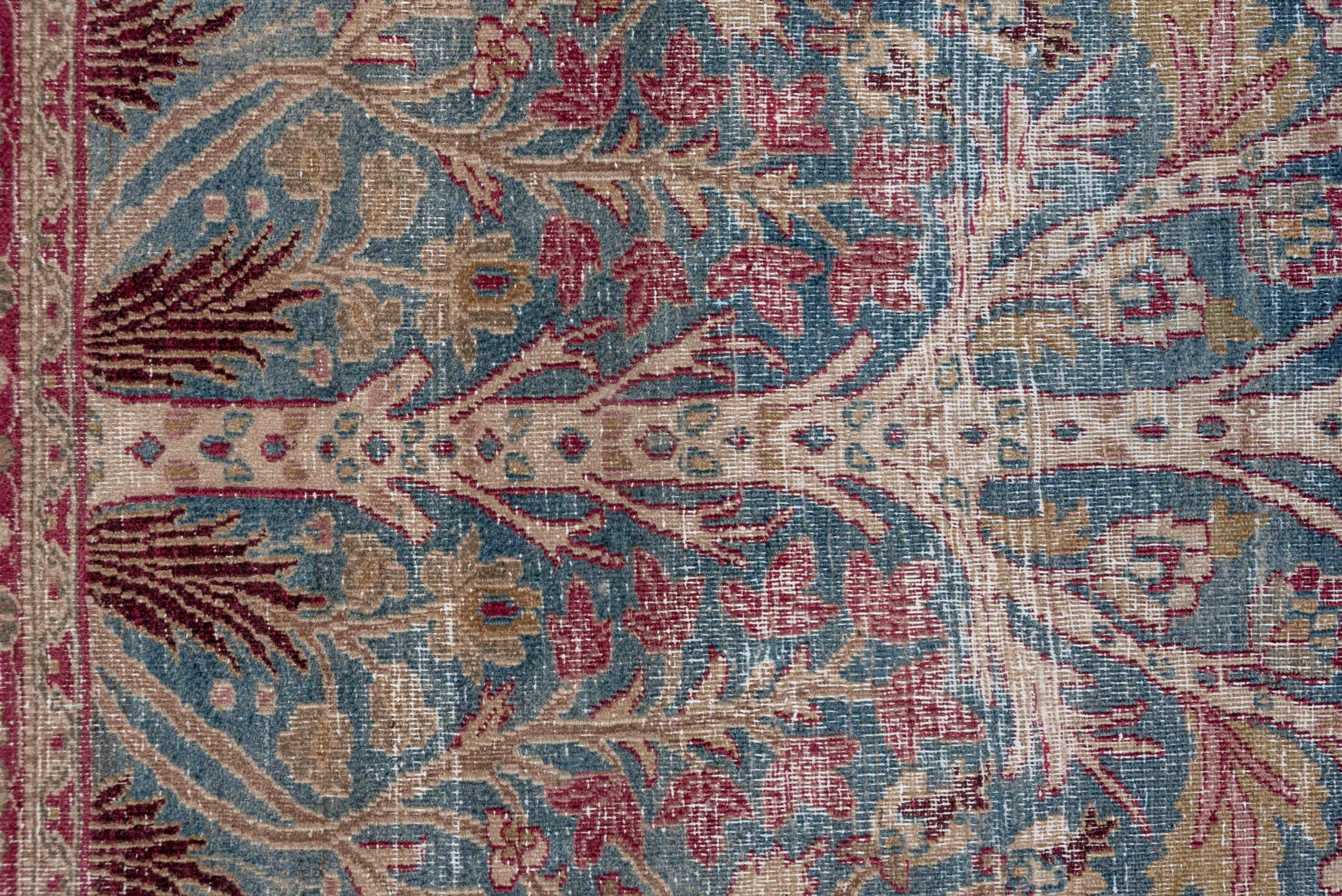 4' x 6' one-of-a-kind handmade antique Khorassan small size rug. Color palette: blue, rose, ivory, burgundy, sage, taupe