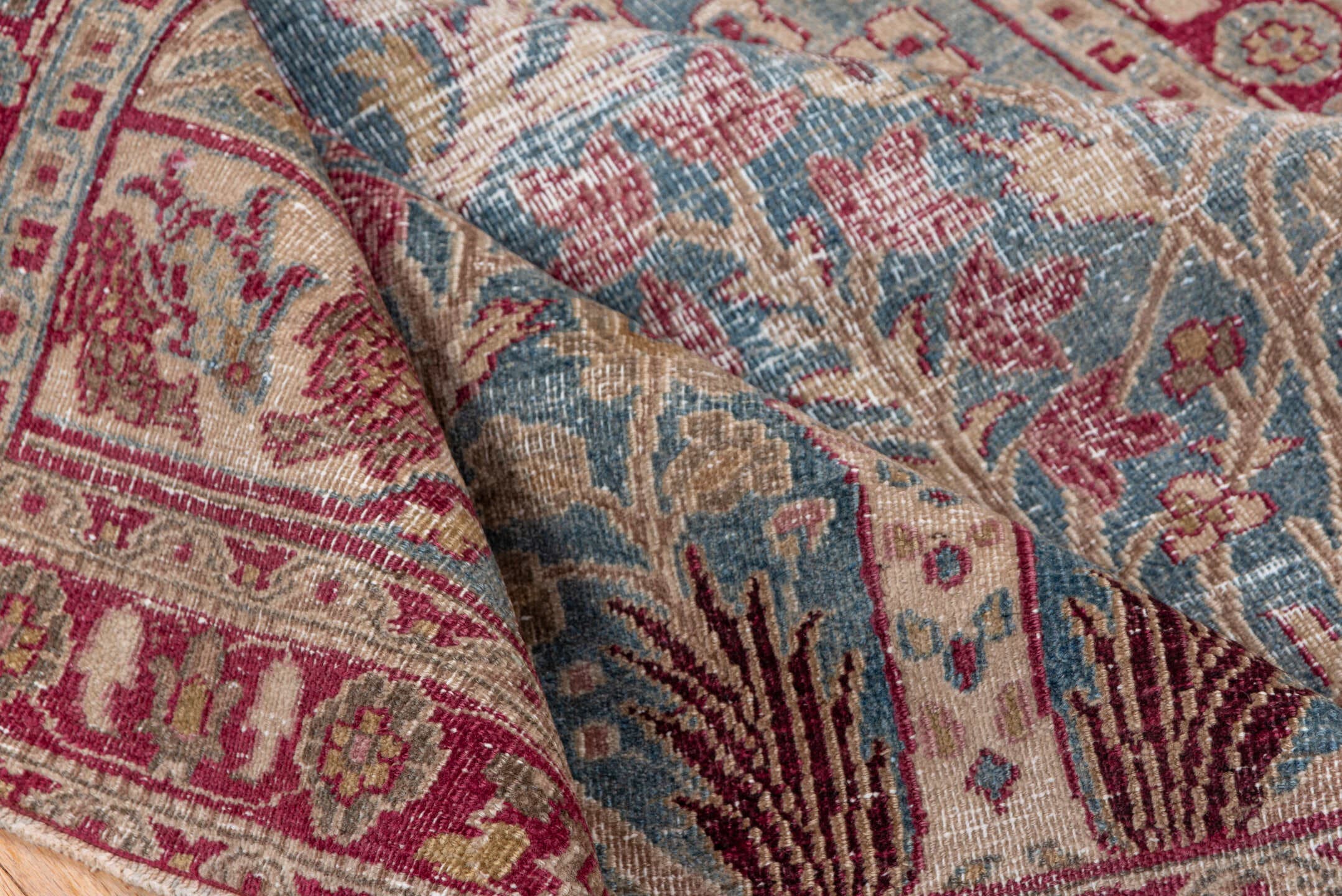 4' x 6' one-of-a-kind handmade antique Khorassan small size rug. Color palette: blue, rose, ivory, burgundy, sage, taupe