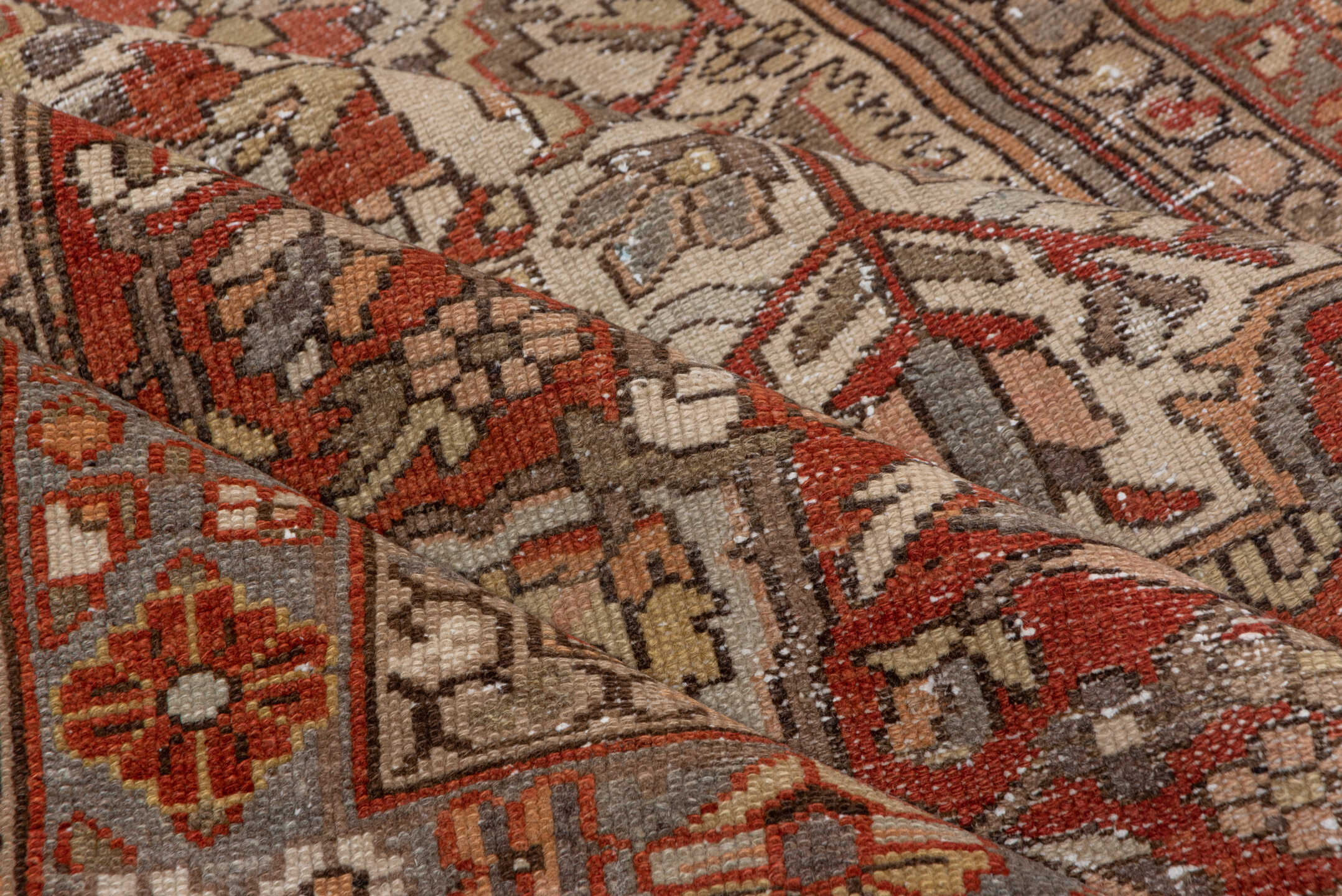 4' x 6' one-of-a-kind handmade antique Baktiary small size rug. Color palette: ivory, rust, slate, taupe, terra cotta, brown
