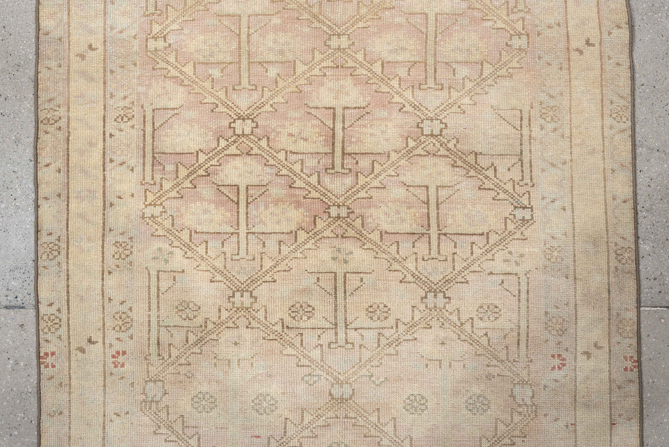 3' x 9' one-of-a-kind handmade antique Anatolian runner rug. Color palette: ivory, blush, taupe, sage, terracotta, camel