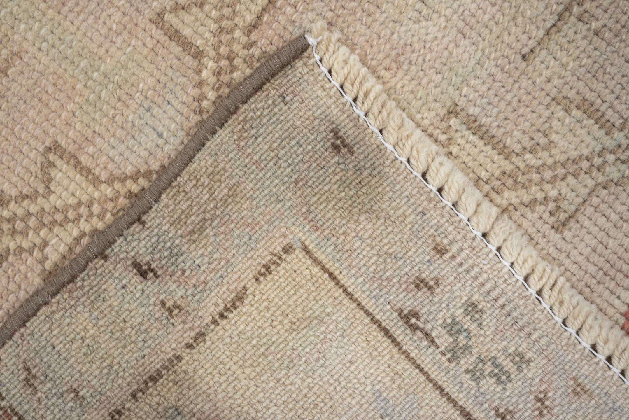 3' x 9' one-of-a-kind handmade antique Anatolian runner rug. Color palette: ivory, blush, taupe, sage, terracotta, camel