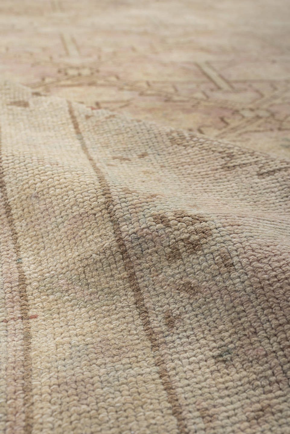3' x 9' one-of-a-kind handmade antique Anatolian runner rug. Color palette: ivory, blush, taupe, sage, terracotta, camel