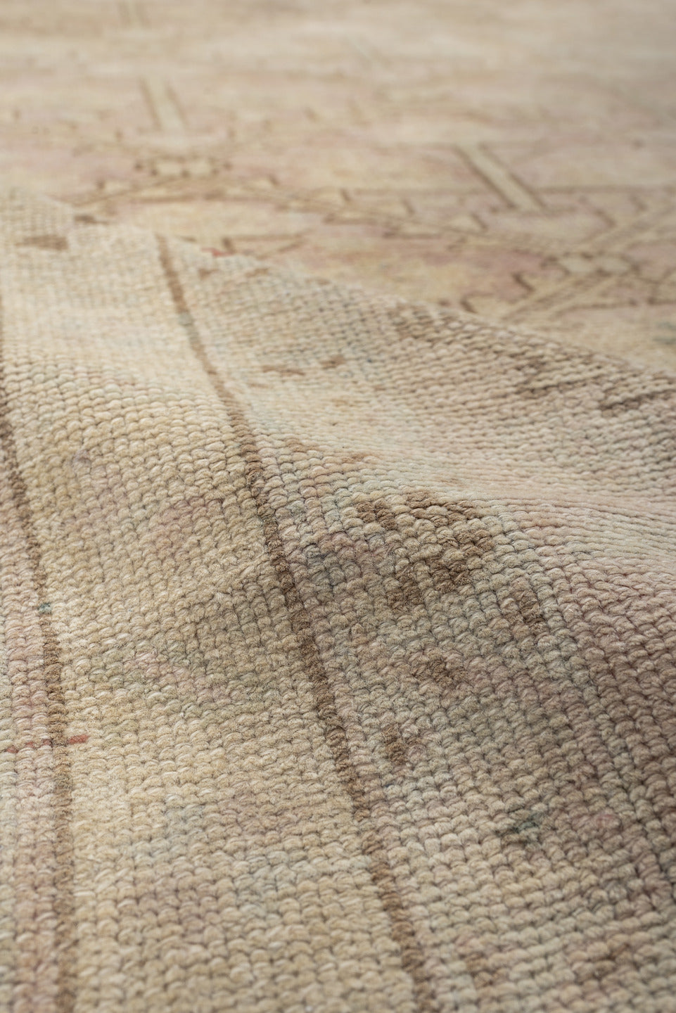 3' x 9' one-of-a-kind handmade antique Anatolian runner rug. Color palette: ivory, blush, taupe, sage, terracotta, camel