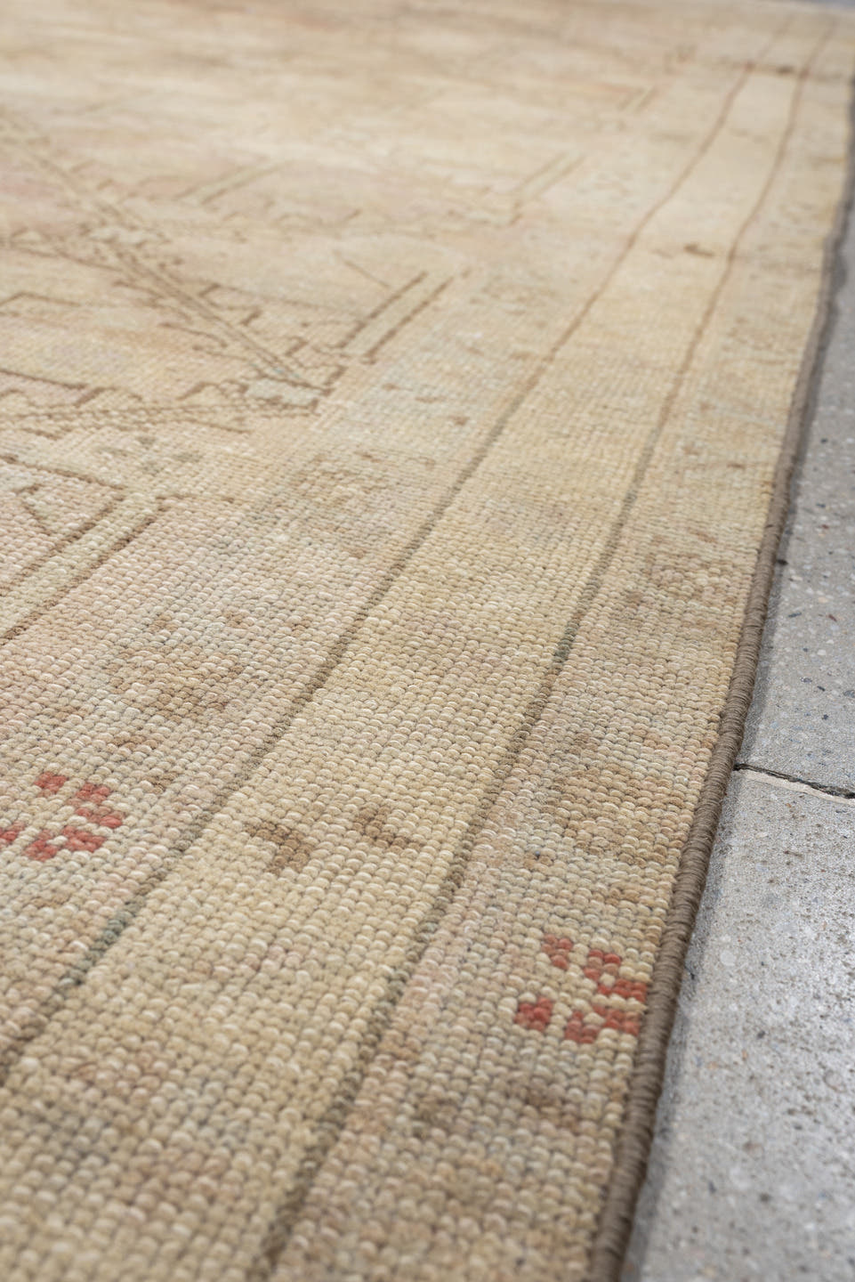 3' x 9' one-of-a-kind handmade antique Anatolian runner rug. Color palette: ivory, blush, taupe, sage, terracotta, camel
