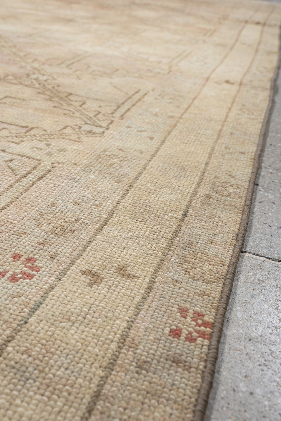 3' x 9' one-of-a-kind handmade antique Anatolian runner rug. Color palette: ivory, blush, taupe, sage, terracotta, camel