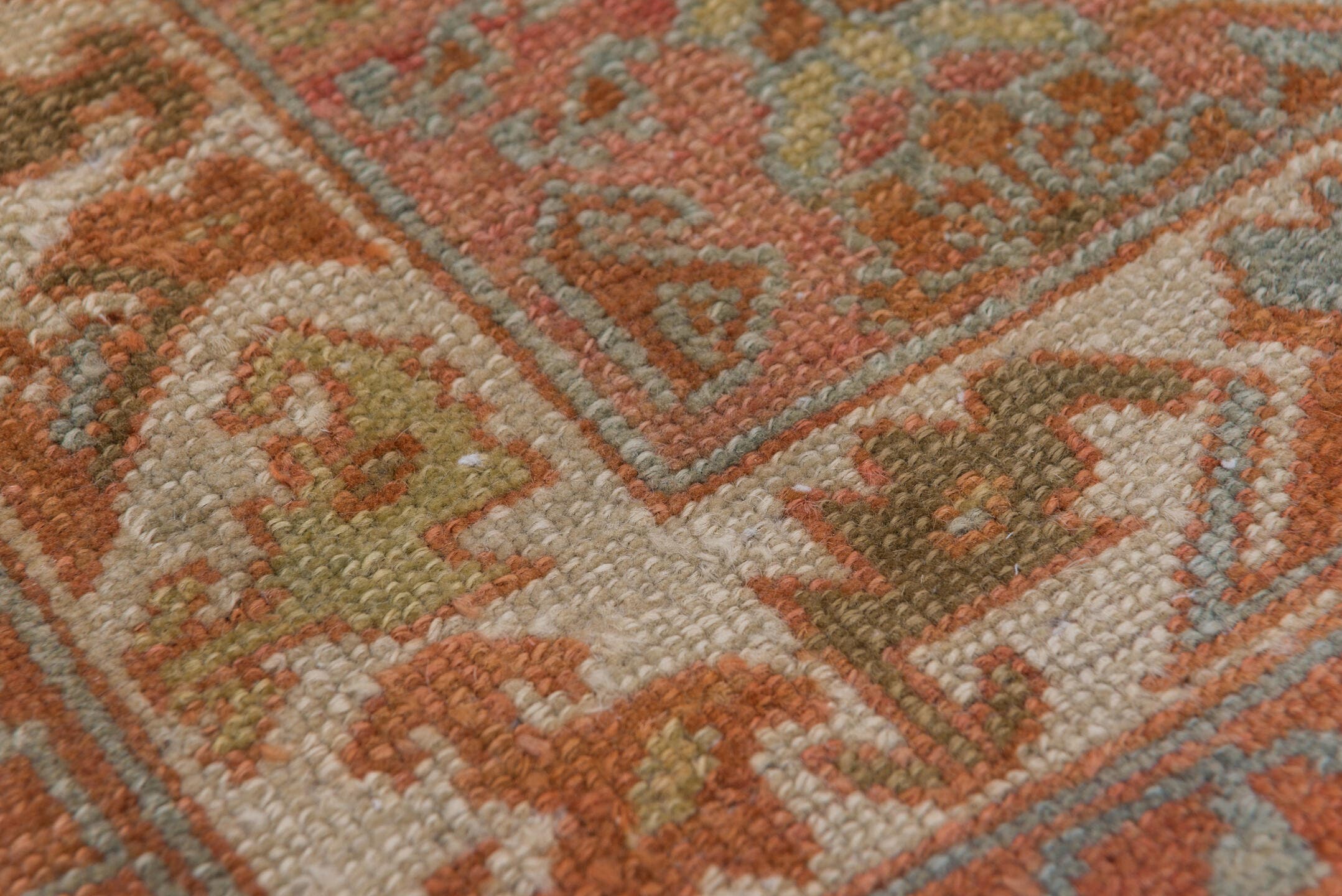 5' x 6' one-of-a-kind handmade antique Malayer rug. Color palette: terra cotta, rust, ivory, sage, camel, brown, pale blue