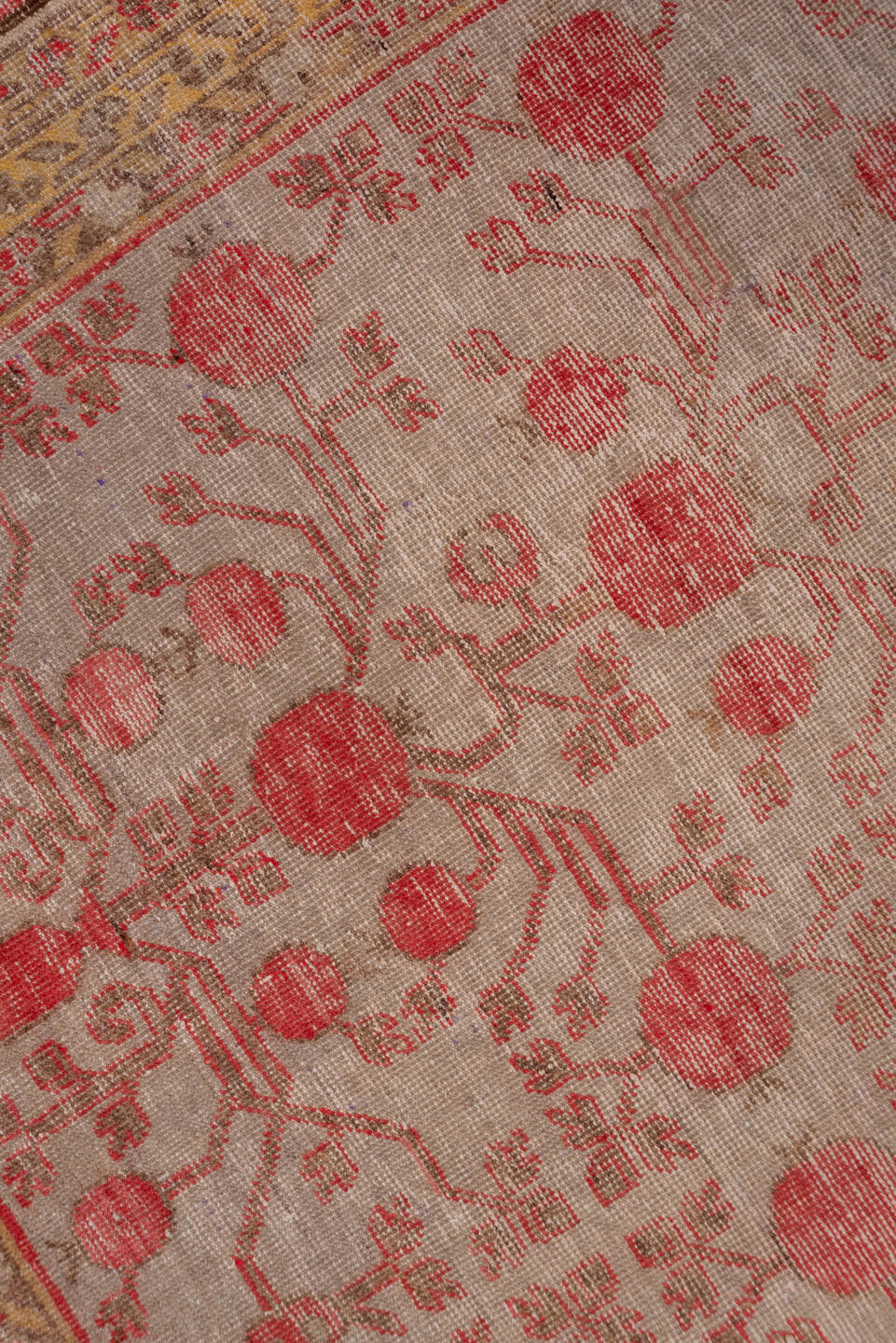 6' x 13' one-of-a-kind handmade antique Khotan large size rug. Color palette: taupe, rose, coral, camel, ivory, sienna
