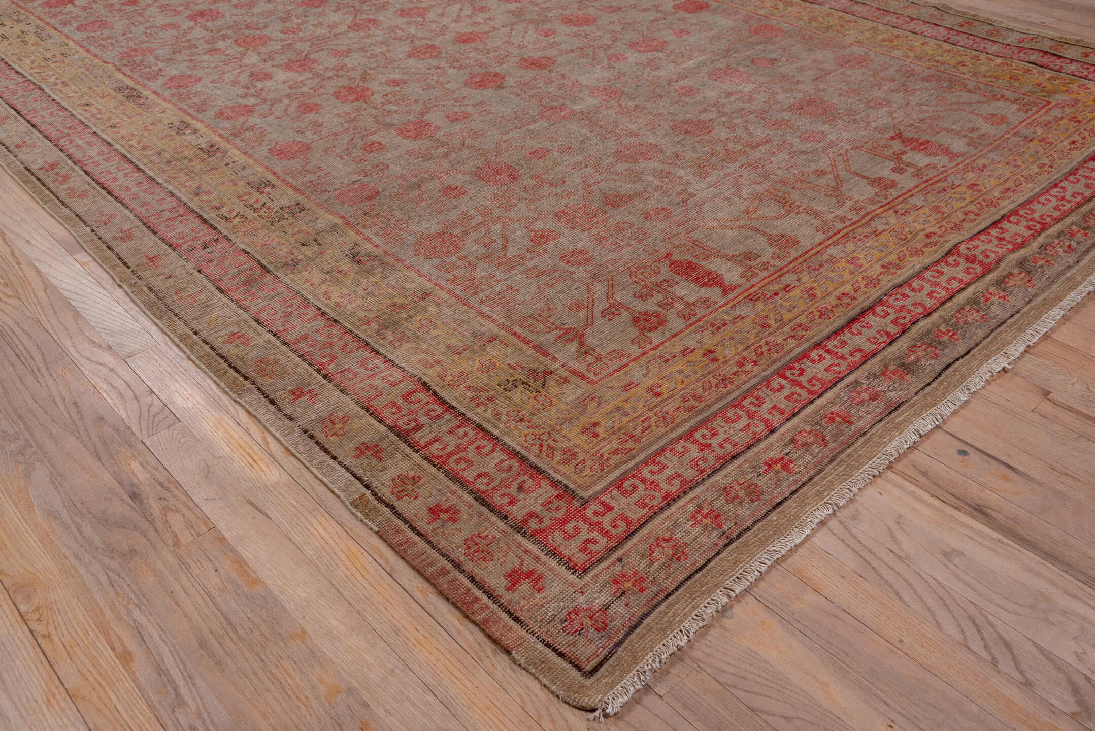 6' x 13' one-of-a-kind handmade antique Khotan large size rug. Color palette: taupe, rose, coral, camel, ivory, sienna