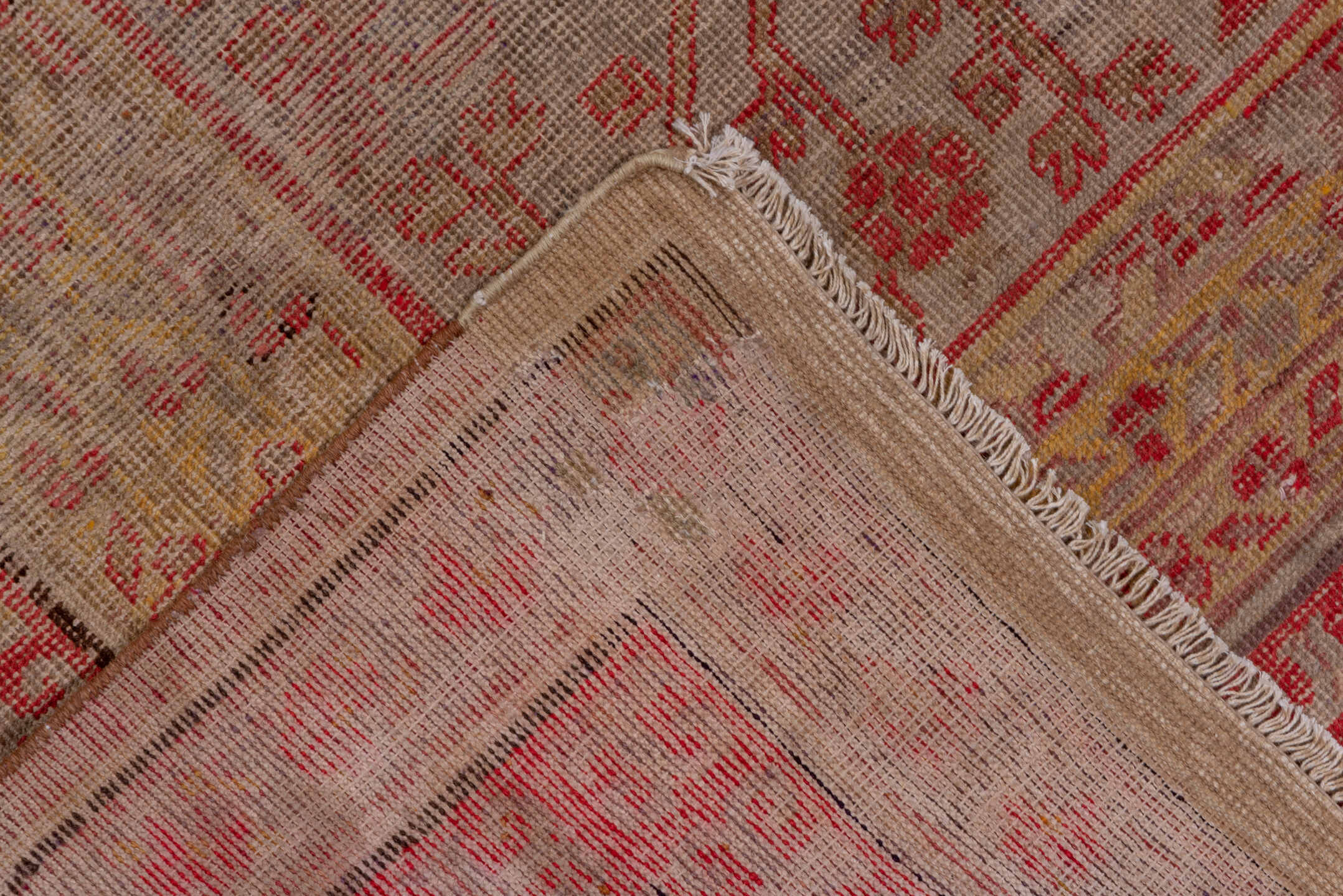 6' x 13' one-of-a-kind handmade antique Khotan large size rug. Color palette: taupe, rose, coral, camel, ivory, sienna