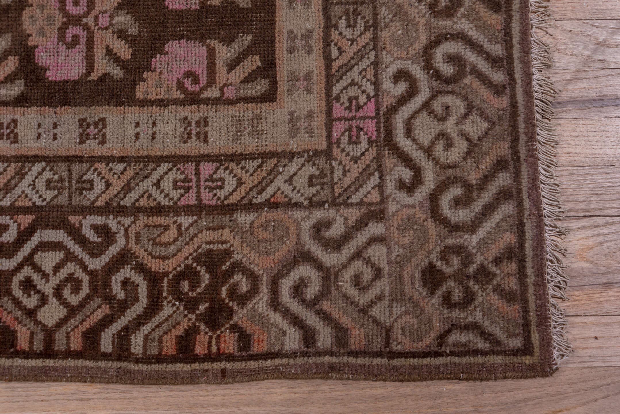 4' x 9' one-of-a-kind handmade vintage Khotan rug. Color palette: brown, rose, taupe, ivory, dusty pink, charcoal, camel