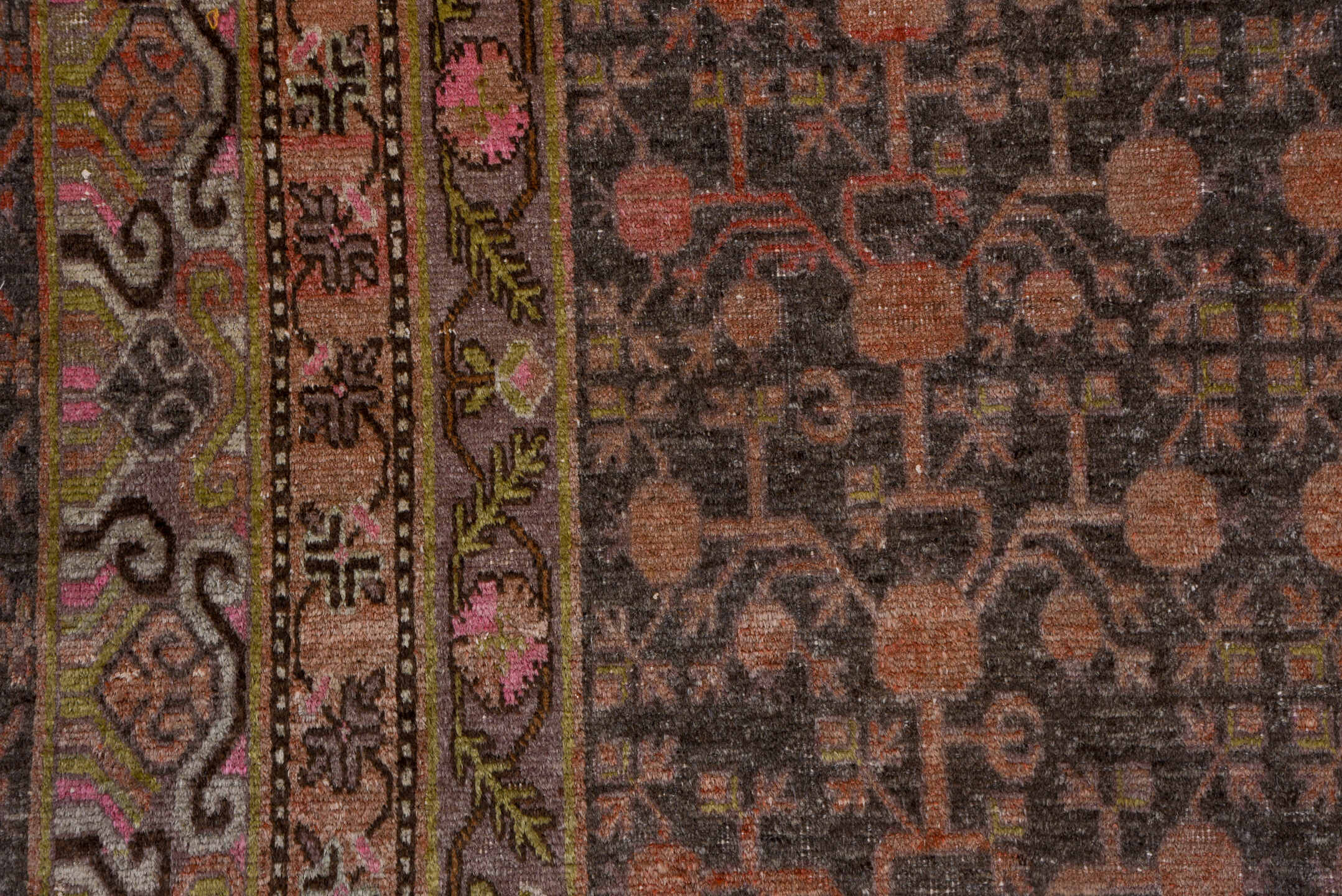 6' x 12' one-of-a-kind handmade antique Khotan large size rug. Color palette: taupe, rose, charcoal, dusty pink, rust, mauve