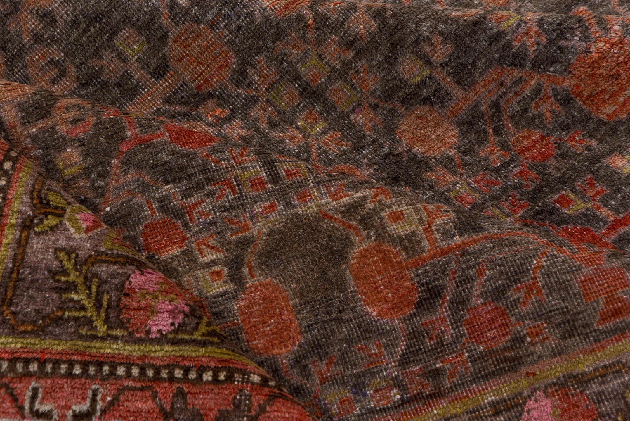 6' x 12' one-of-a-kind handmade vintage Khotan large size rug. Color palette: brown, gray, light gray, pink, red, rosy brown