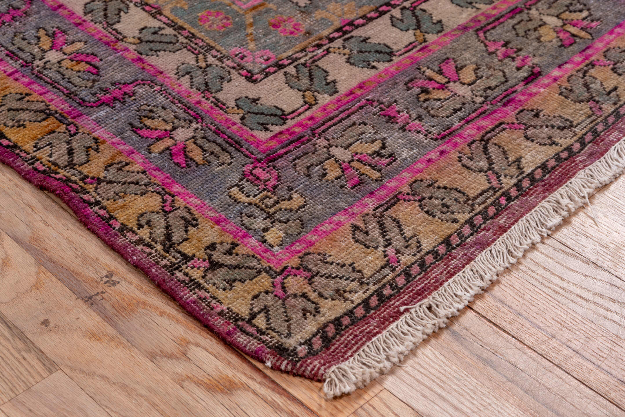 4' x 8' one-of-a-kind handmade antique Khotan rug. Color palette: gray, rose, magenta, taupe, mauve, charcoal, ivory, pink