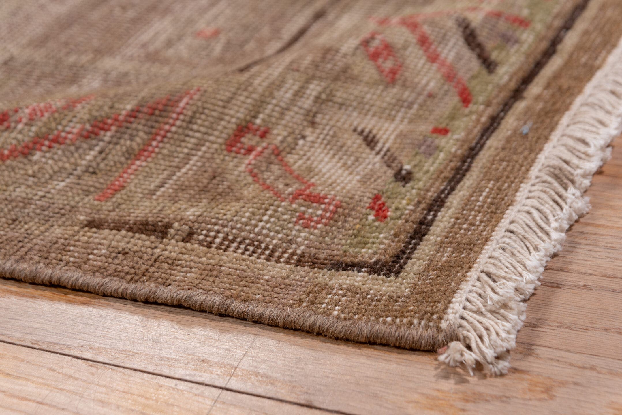 6' x 12' one-of-a-kind handmade antique Khotan large size rug. Color palette: taupe, coral, rose, camel, brown, charcoal