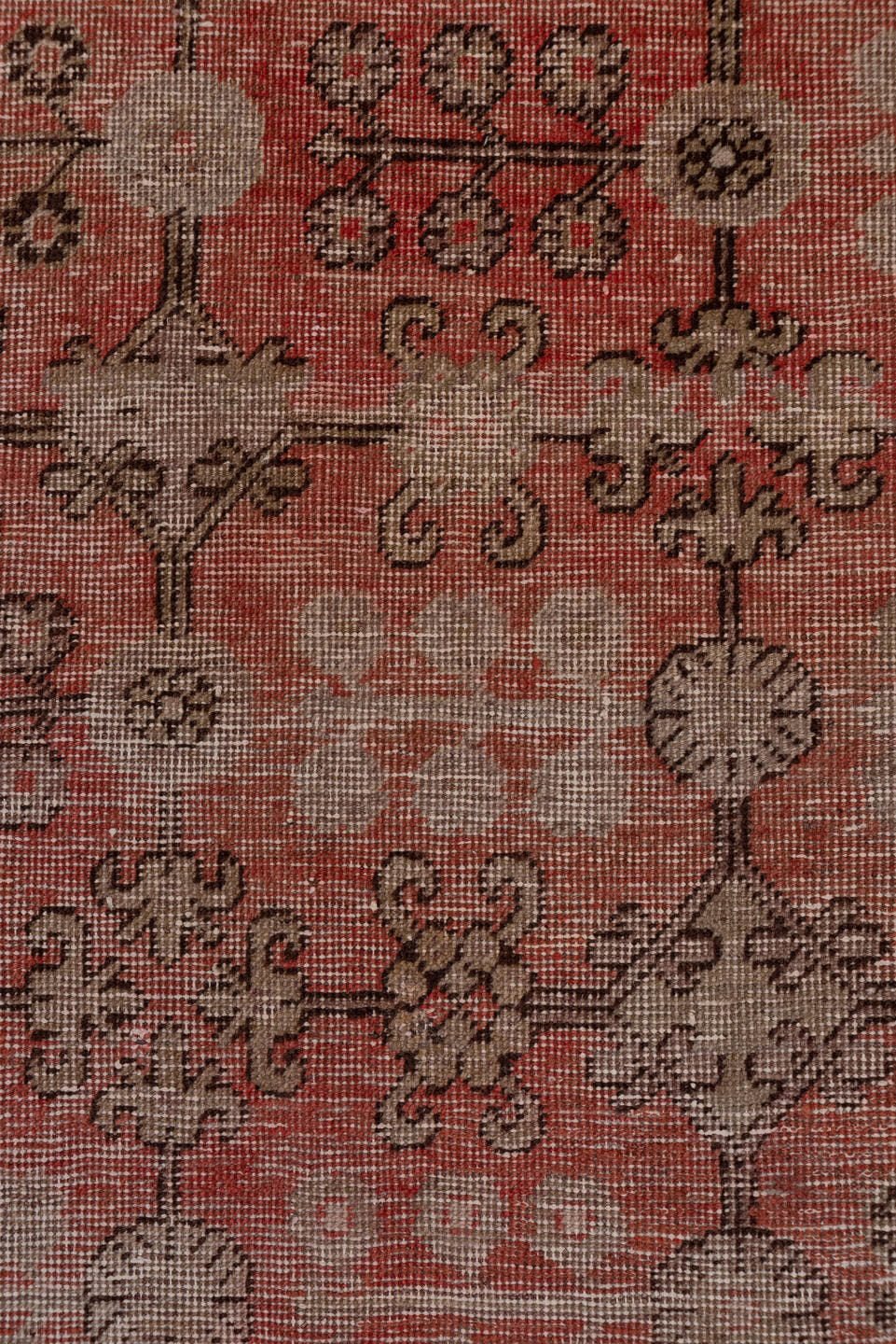 6' x 12' one-of-a-kind handmade antique Khotan large size rug. Color palette: taupe, coral, rose, camel, brown, charcoal